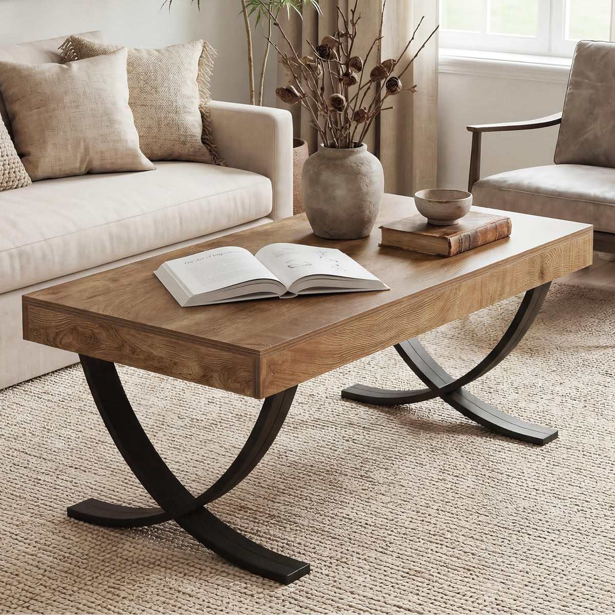 LITTLE TREE 47” Coffee Table, Rectangle Center Table for Living Room, Industrial Modern Living Room Table, Wood Coffee Table with Curved Cross Legs, Thickened Wood Grain Top, Rustic Brown & Black