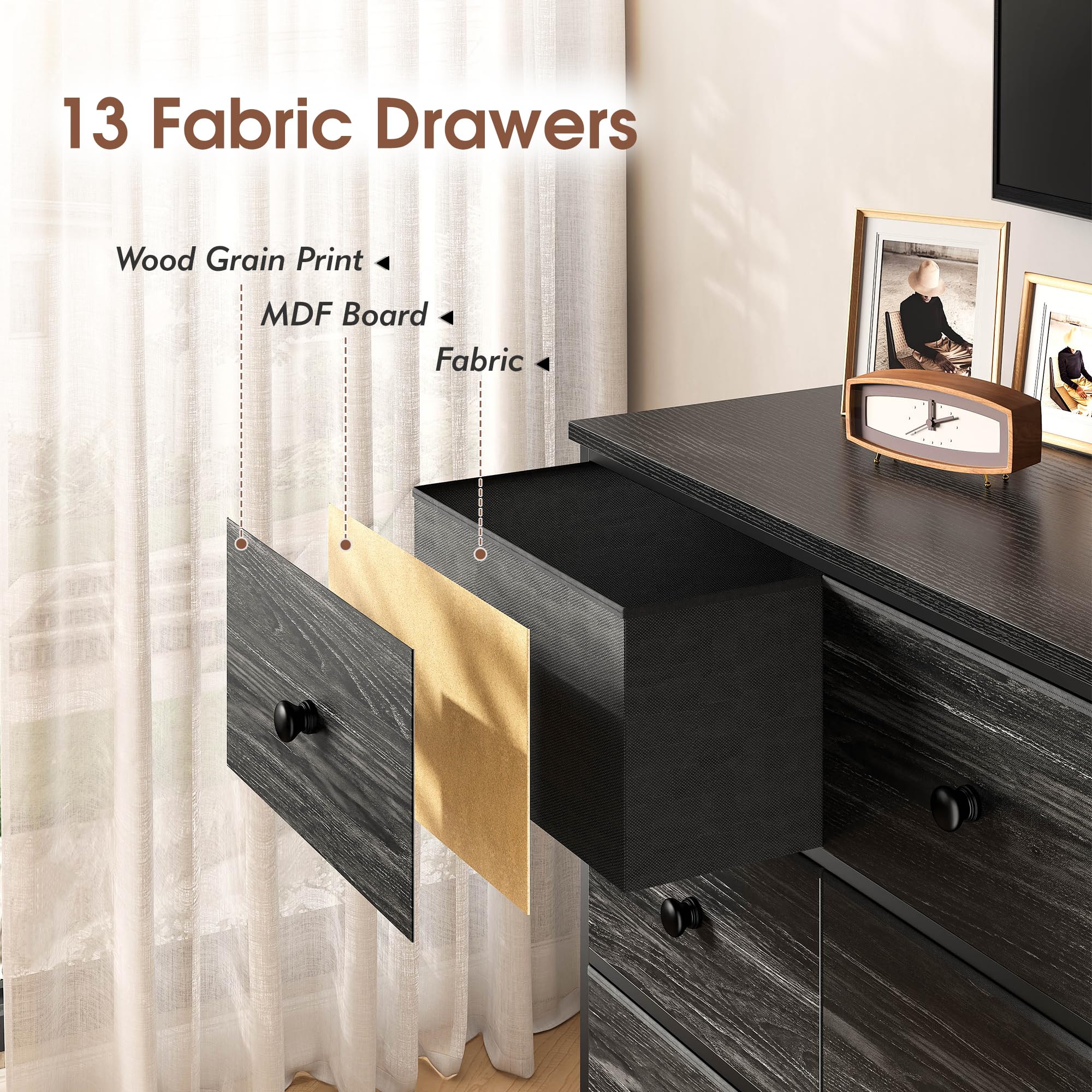 EnHomee Black Dresser TV Stand with 13 Fabric Dresser 45 Inch TV Stand for Bedroom Chests of Drawers for Bedroom, Entryway, Wood Top and Sturdy Frame