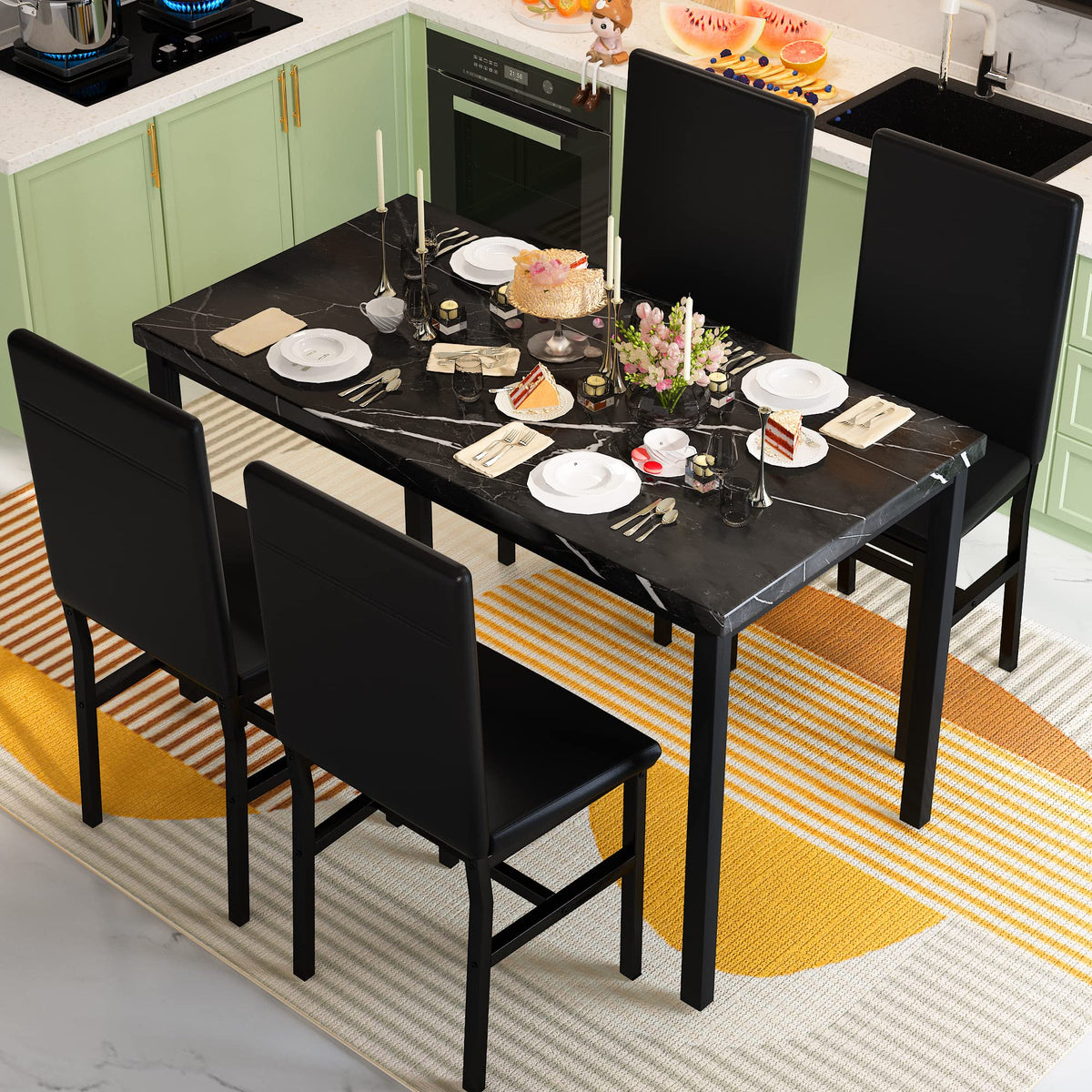 Recaceik Dining Table Set for 4, Kitchen Table and Chairs Set with Faux Marble Tabletop & 4 Leather Upholstered Chairs for Kitchen Dining Room, Breakfast Nook, Compact Space, Dinette Set