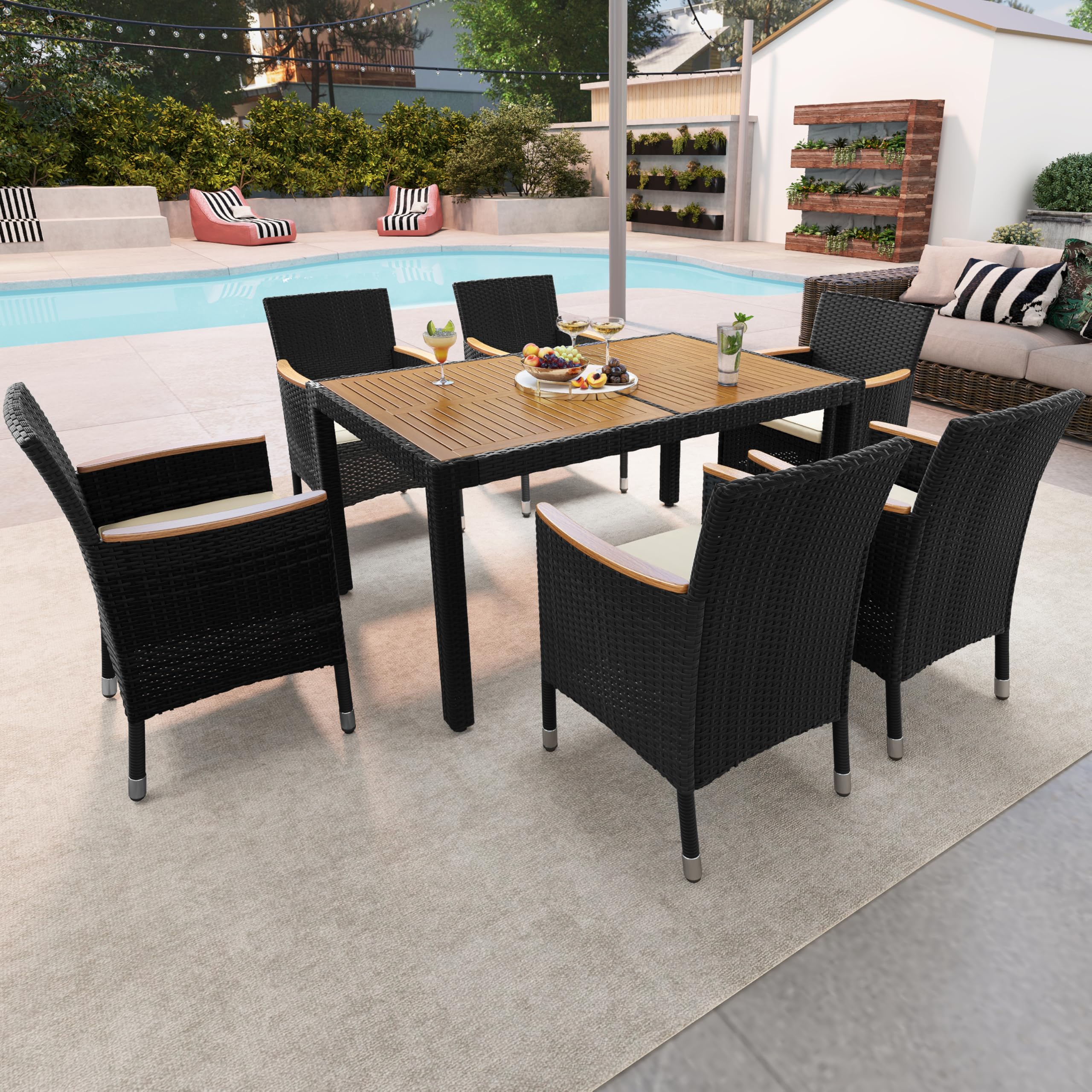 7-Piece Outdoor Rattan Dining Set with Acacia Wood Table & Cushioned Chairs
