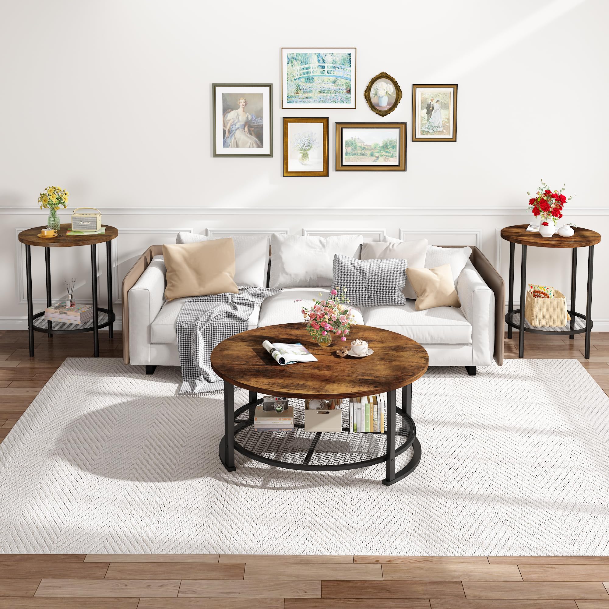 DKLGG 3-Piece Coffee Table and End Table Sets for Living Room, Round Coffee and End Table Set of 3 with Large Storage, Modern Farmhouse Furniture for Apartment Home (Rustic Brown)