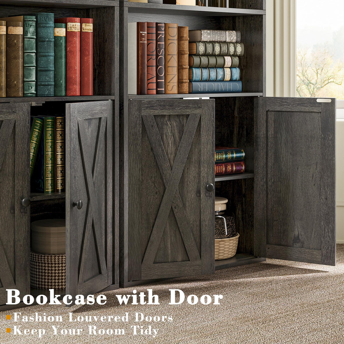 IRONCK Tall Bookshelf 70 in, Bookcases with Doors, Set of 2, Charcoal Grey