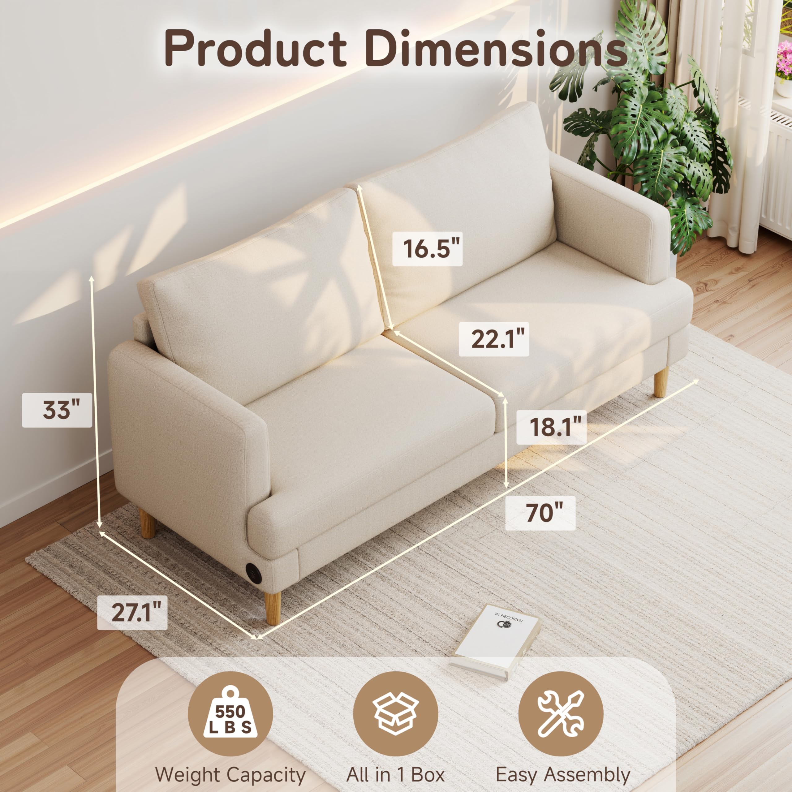 70" Deep Seat Loveseat Sofa with USB-C Ports
