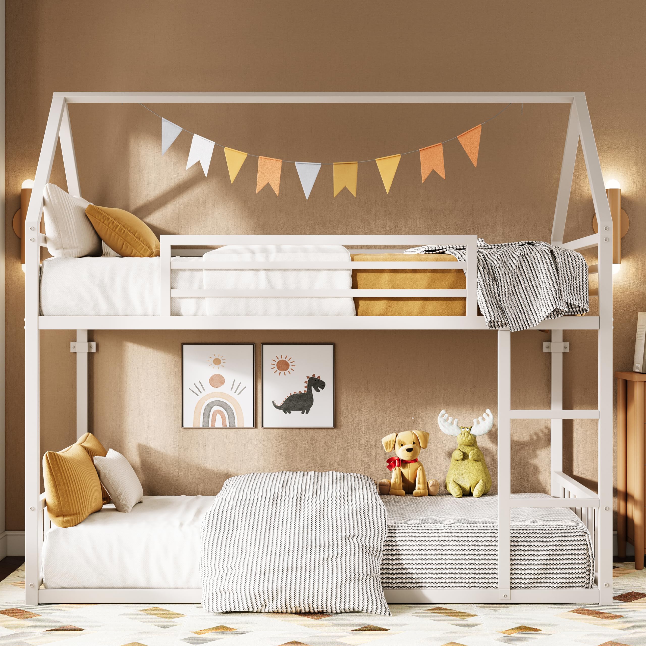Twin Over Twin House Bunk Bed with Ladder & Guardrail