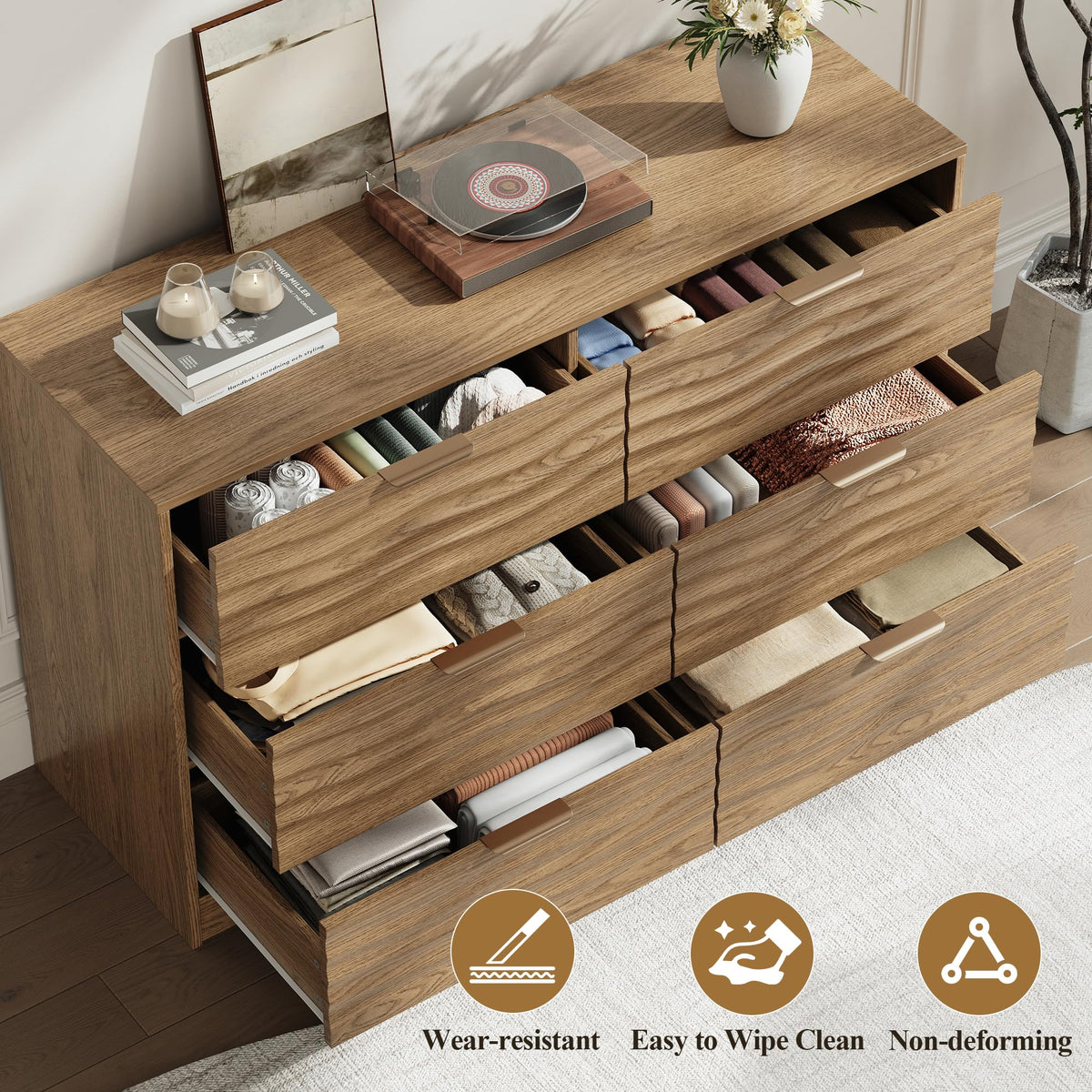 MALOL 55" Wide Coastline Fluted 6 Drawers Dresser for Bedroom,Walnut