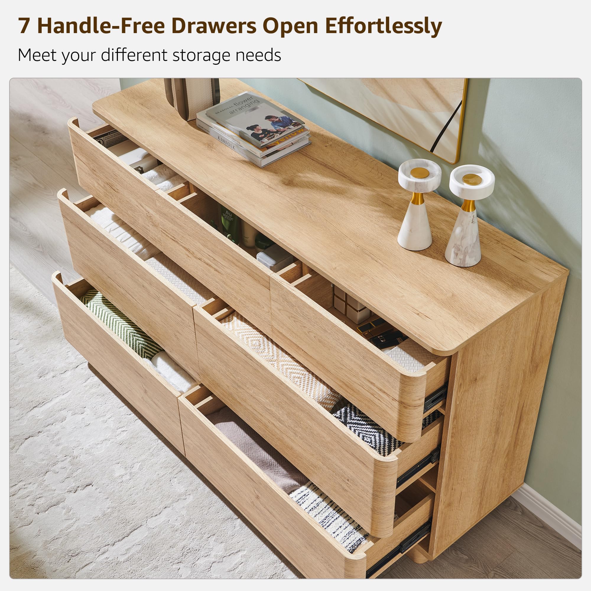 ACCOHOHO Modern 7 Drawer Dresser for Bedroom, 52" Wide Handleless Chest of Drawers, Large Push-to-Open Wood Storage, Dresser TV Stand for Bedroom, Living Room, Hallway, Curved Profile, Natural Oak
