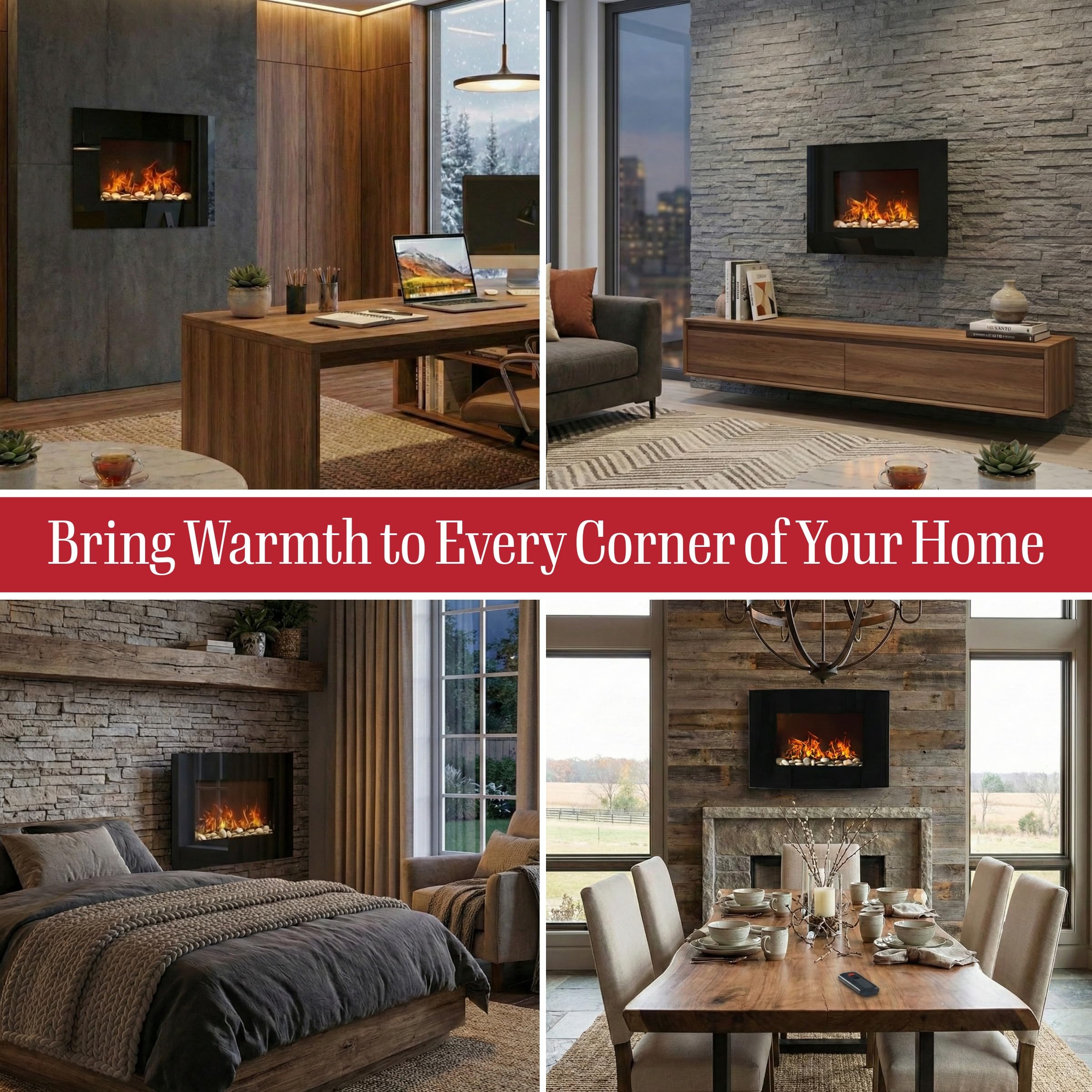 Wall-Mounted Electric Fireplace with Remote, 26-Inch
