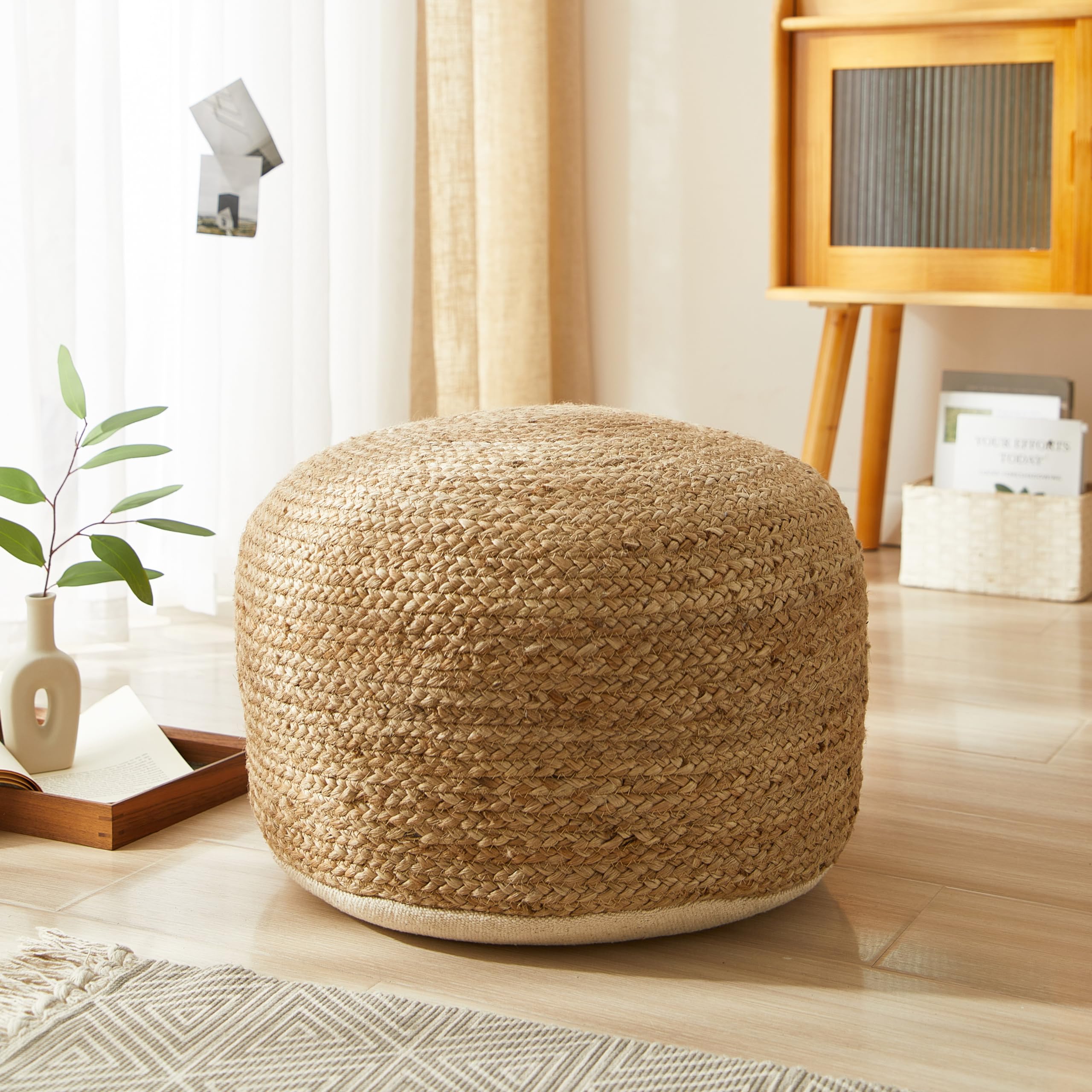 Urban Lifestyle Circular Natural Jute Braided Pouf Ottoman and Footrest, 18"x18"x10"H