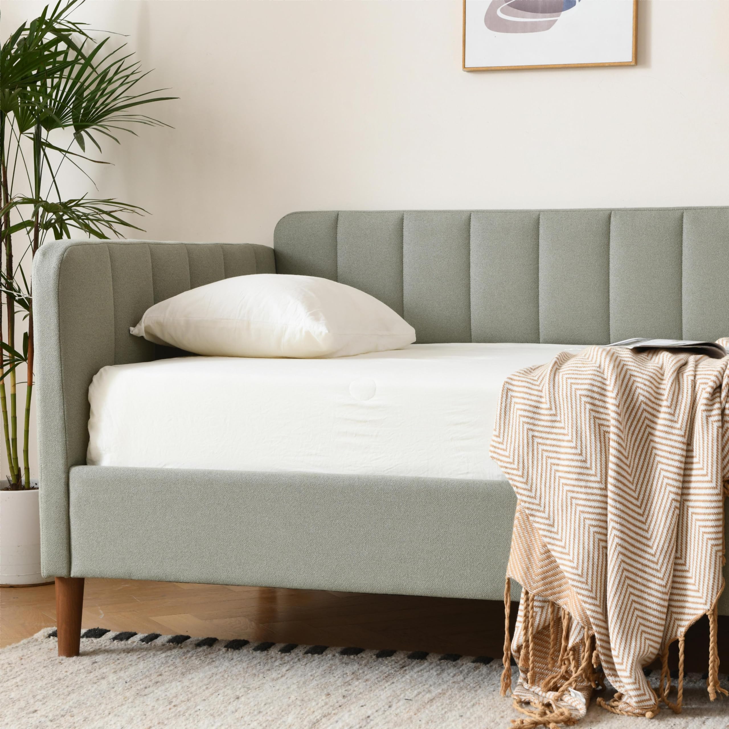 Twin Upholstered Daybed with Adjustable Backrest & Wood Slats