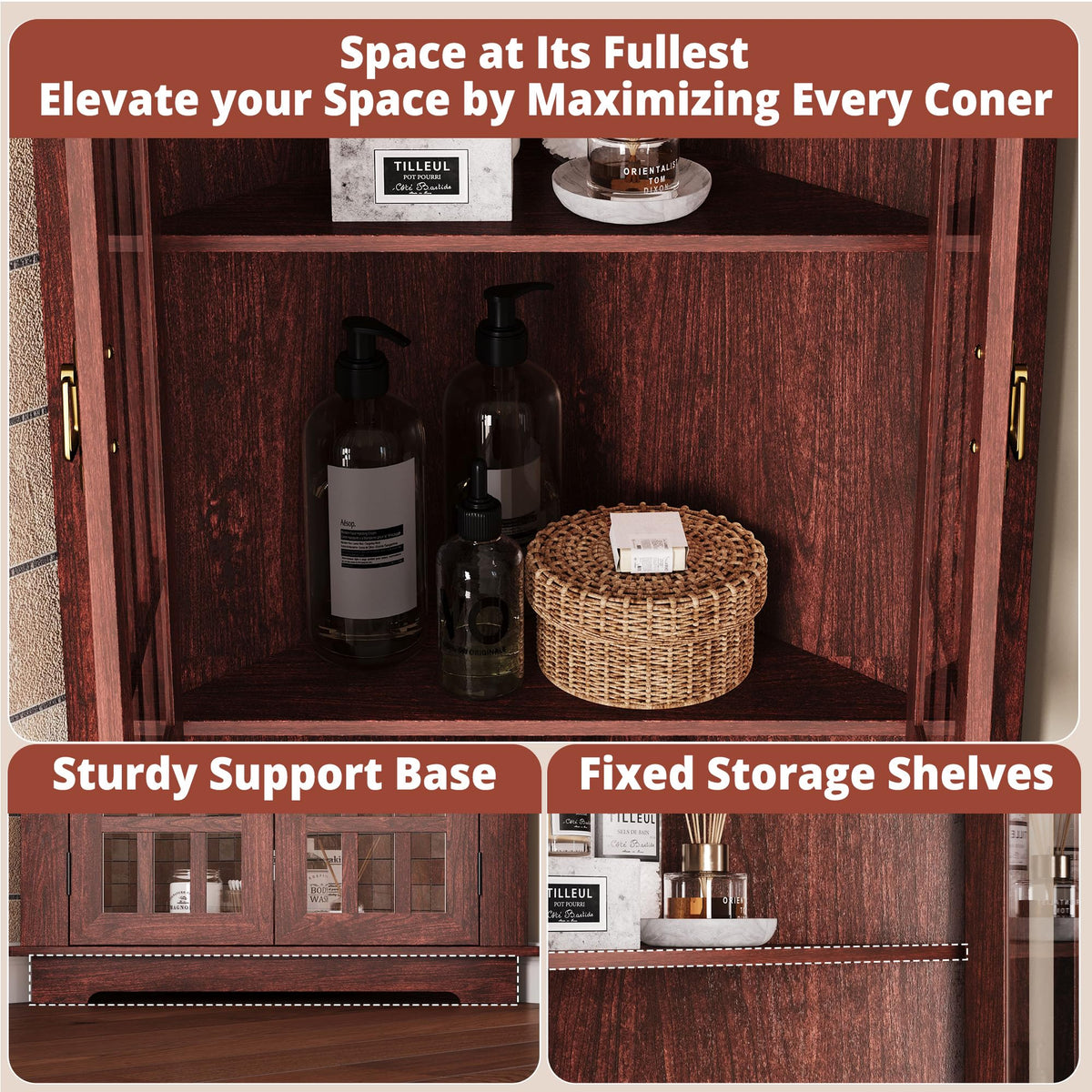 IRONCK Mid Century Modern Corner Cabinet, Red Walnut