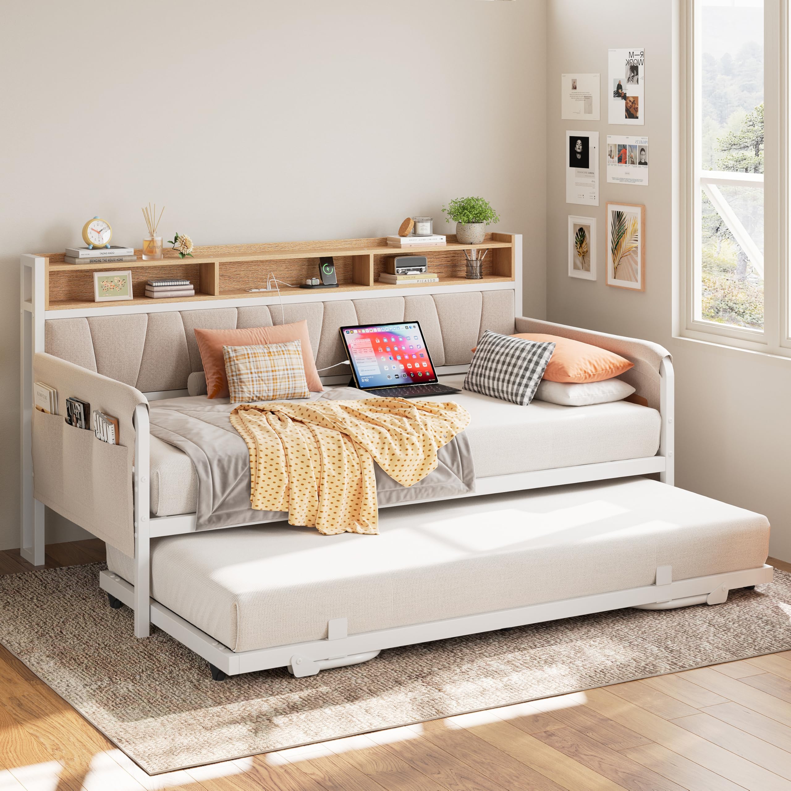 Twin Daybed with Trundle & Storage Headboard