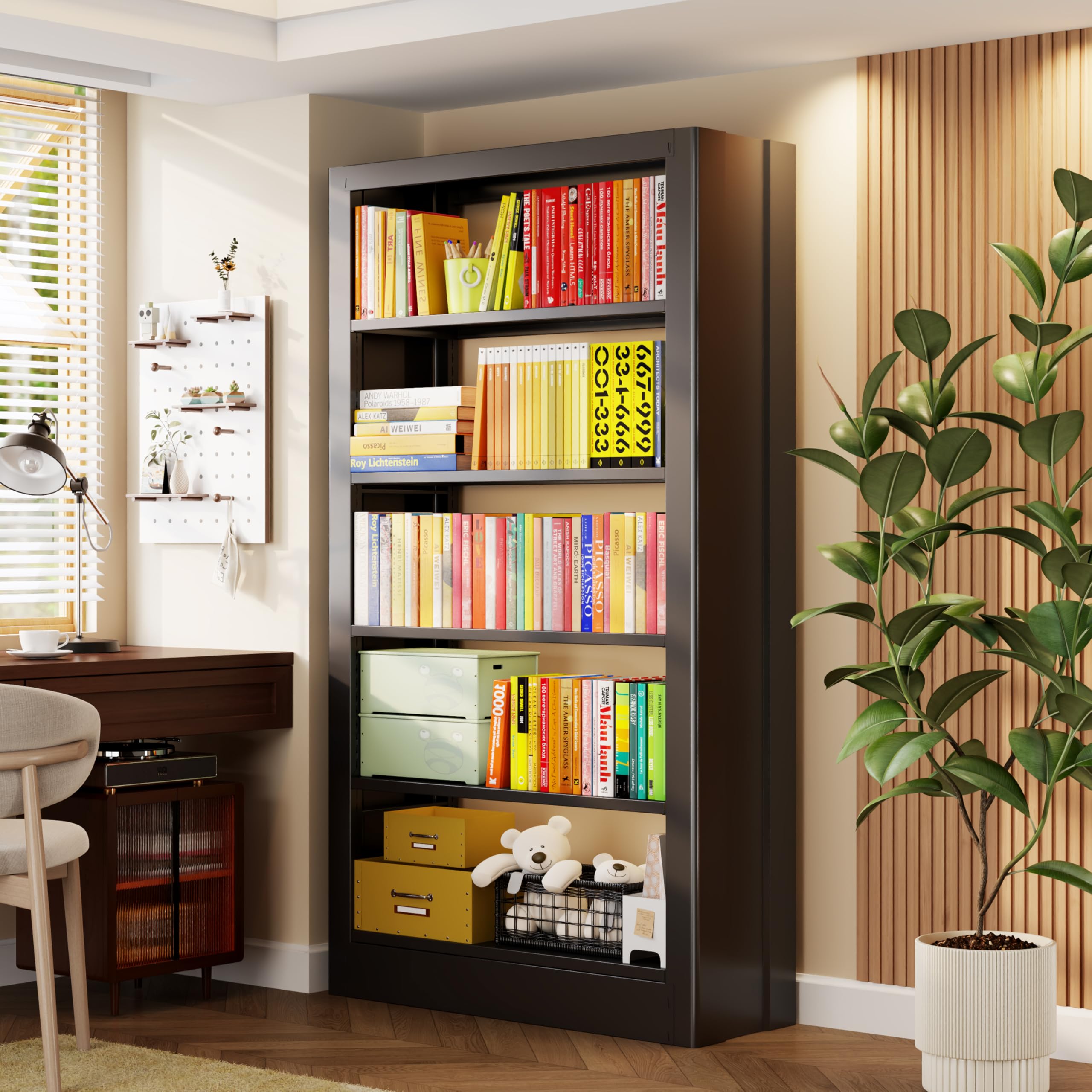 Jazipic 5-Tier Bookcase with Adjustable Storage Shelves, Heavy Duty Bookcase, Metal Bookshelf with Book Stopper, Black Bookcase Shelf for Library, Office, Living Room