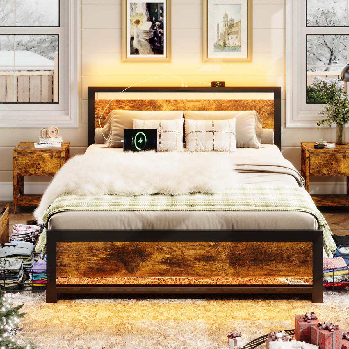 Ailisite Queen Size Bed Frame with Headboard & 4 Storage Drawers, Metal Platform Bed Frame Queen Size with Charging Station,Wood Queen Bed with LED Lights,No Box Spring Needed,Noise Free,Rustic Brown