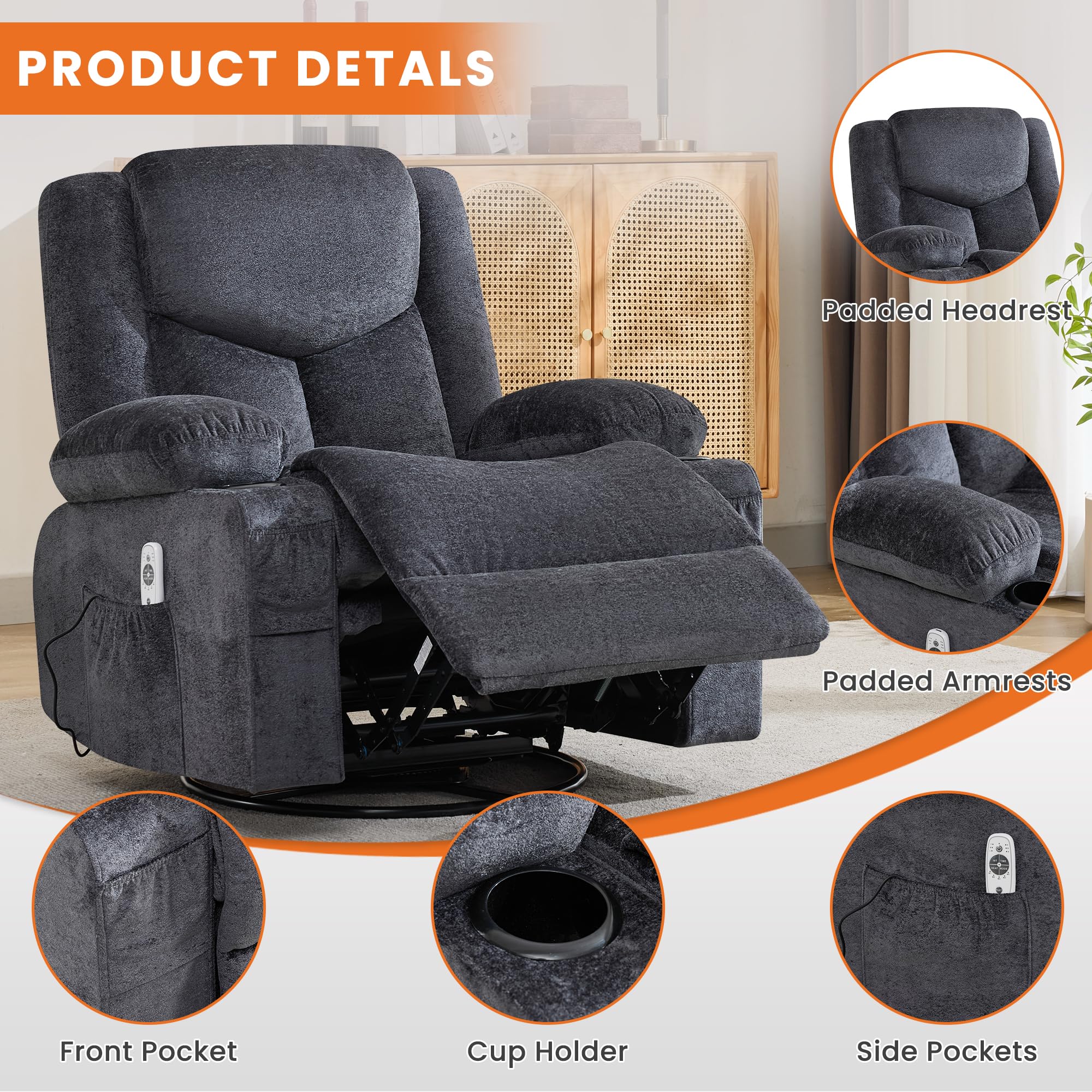 Swivel Recliner Chair for Adults,Oversized Rocker Recliner with Massage and Lumbar Heat,Rocking Chair with Side Pocket,2 Cup Holders,for Living Room