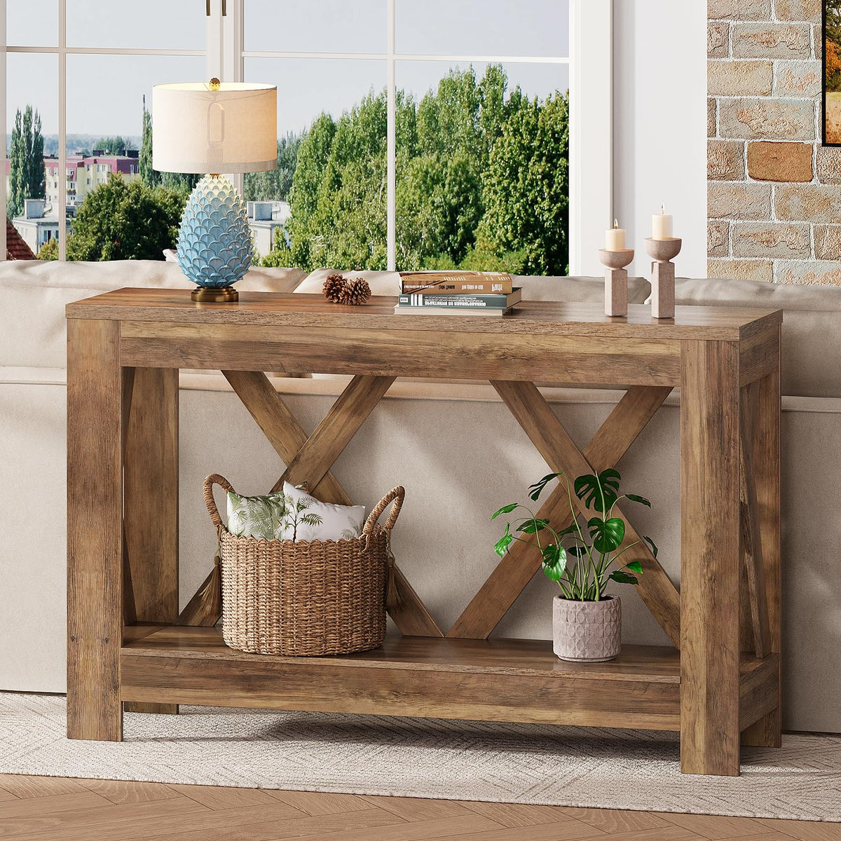 Tohomeor 47.2" Farmhouse Entryway Table, Wooden Rectangular Entry Table, 2-Tier Storage Modern Sofa Table Behind Couch for Entrance, Living Room, Hallway, Foyer, Retro Brown