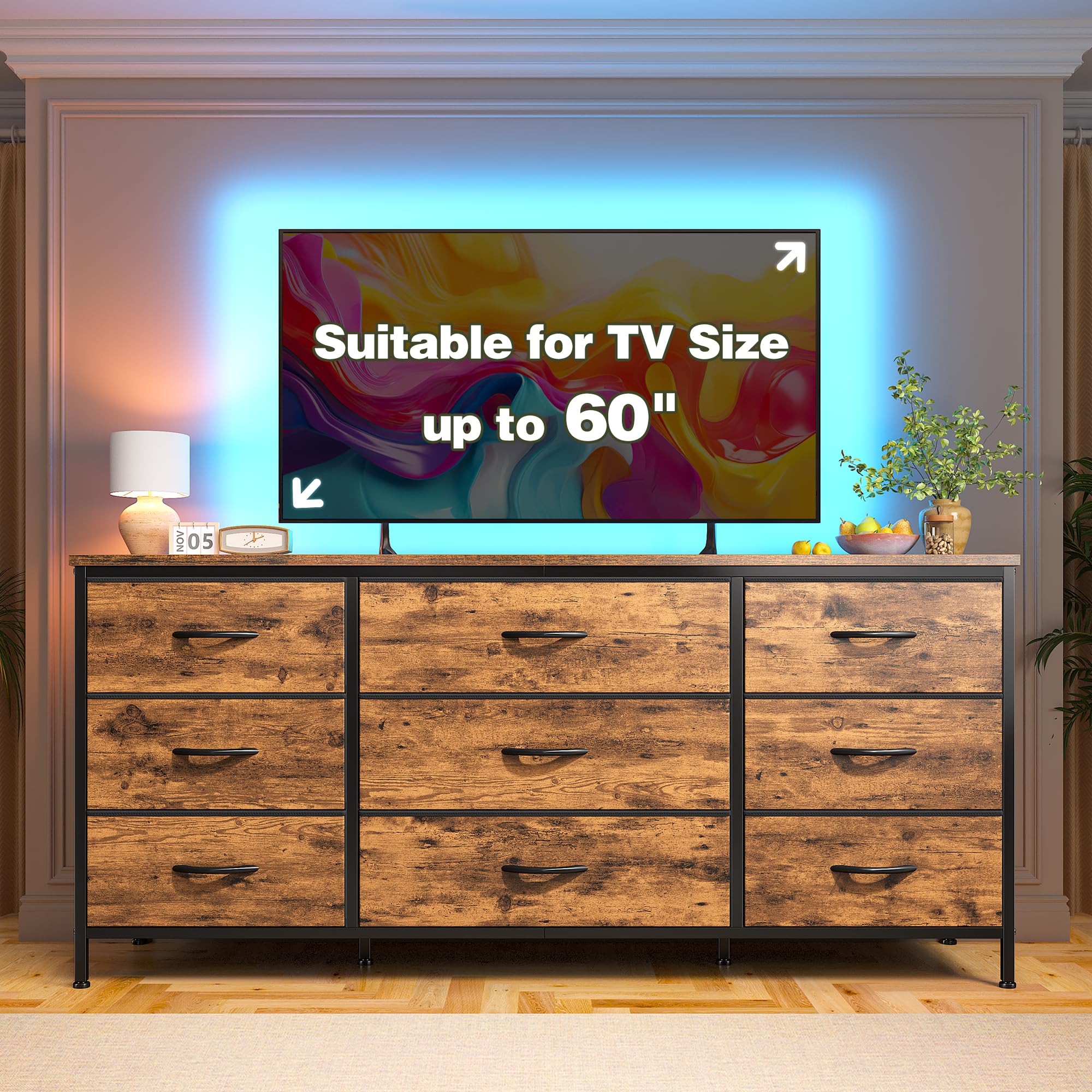 EnHomee Dresser for Bedroom, 9 Drawers Dresser TV Stand for 55, 60 Inch TV, Large Entertainment Center, Wide Chest of Drawers for Closet, Living Room, Rustic Brown