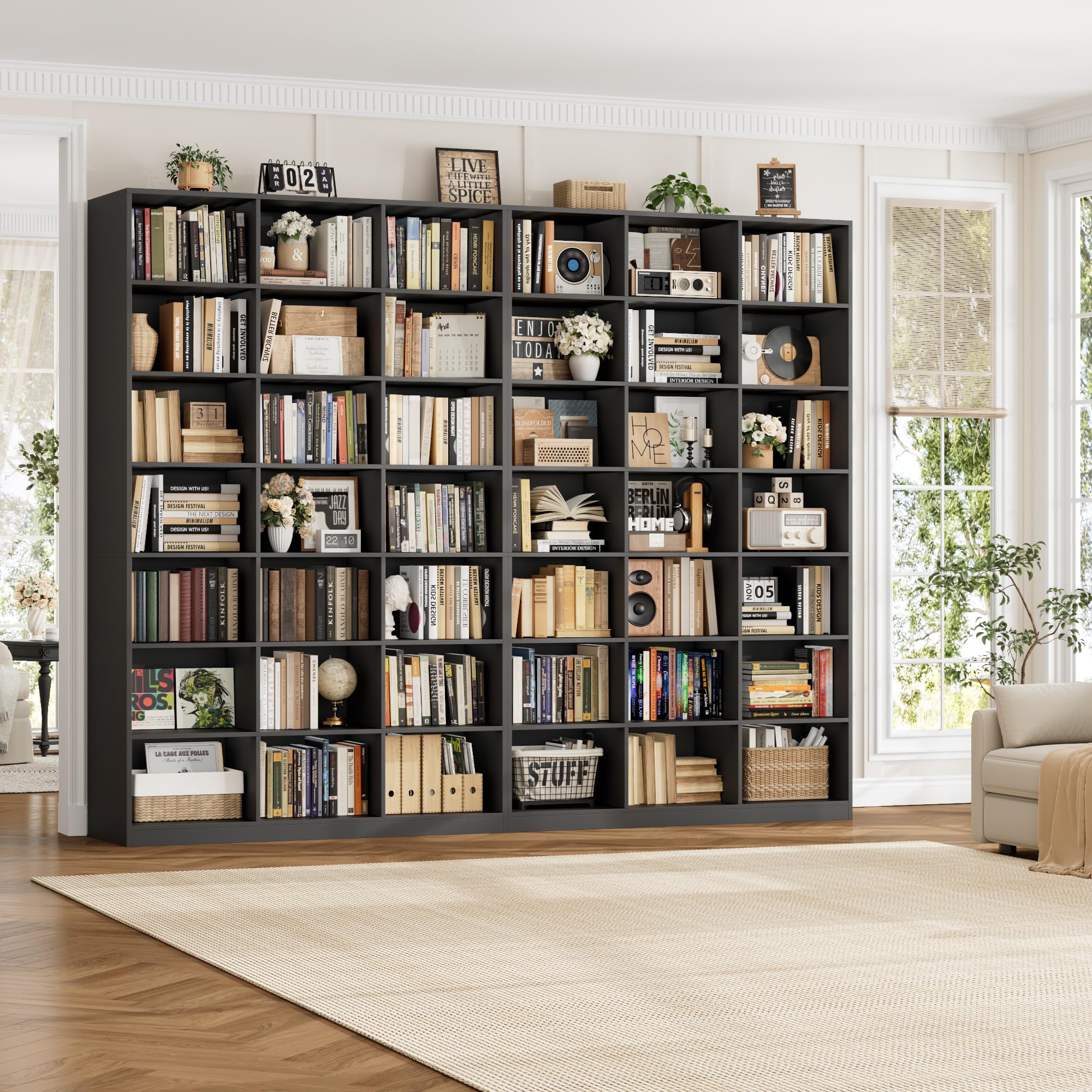 HOSTACK 86" H Triple Wide Bookshelf and Bookcase, 7 Tier Tall Bookshelf with Storage, Large Bookcase with 21 Open Display Storage Shelves, Wood Book Shelf Media CD DVD Storage for Living Room, Black