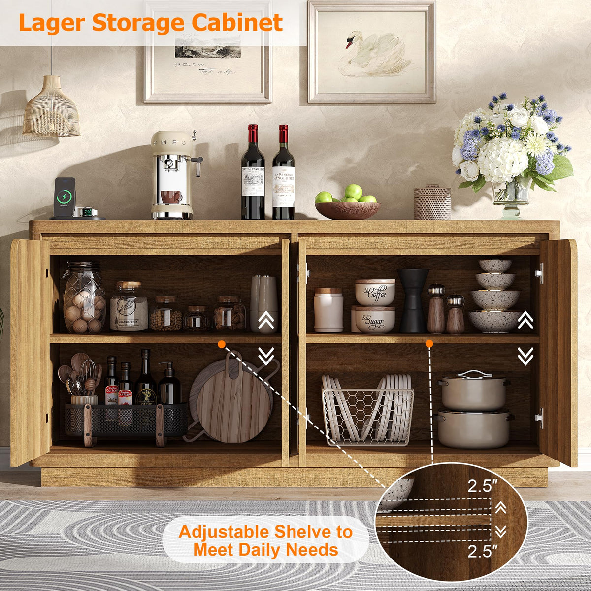 knoworld 63" Buffet Cabinet with Storage & Power Outlet, Wood Sideboard Credenza with Double-Arc Doors, Modern Coffee Bar Console Table for Kitchen Dining Room, Natural