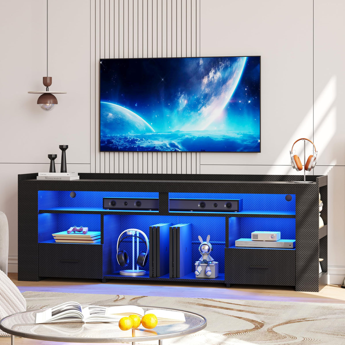 IRONCK 71" TV Stand for 75 Inch TV, Carbon Fiber Entertainment Center