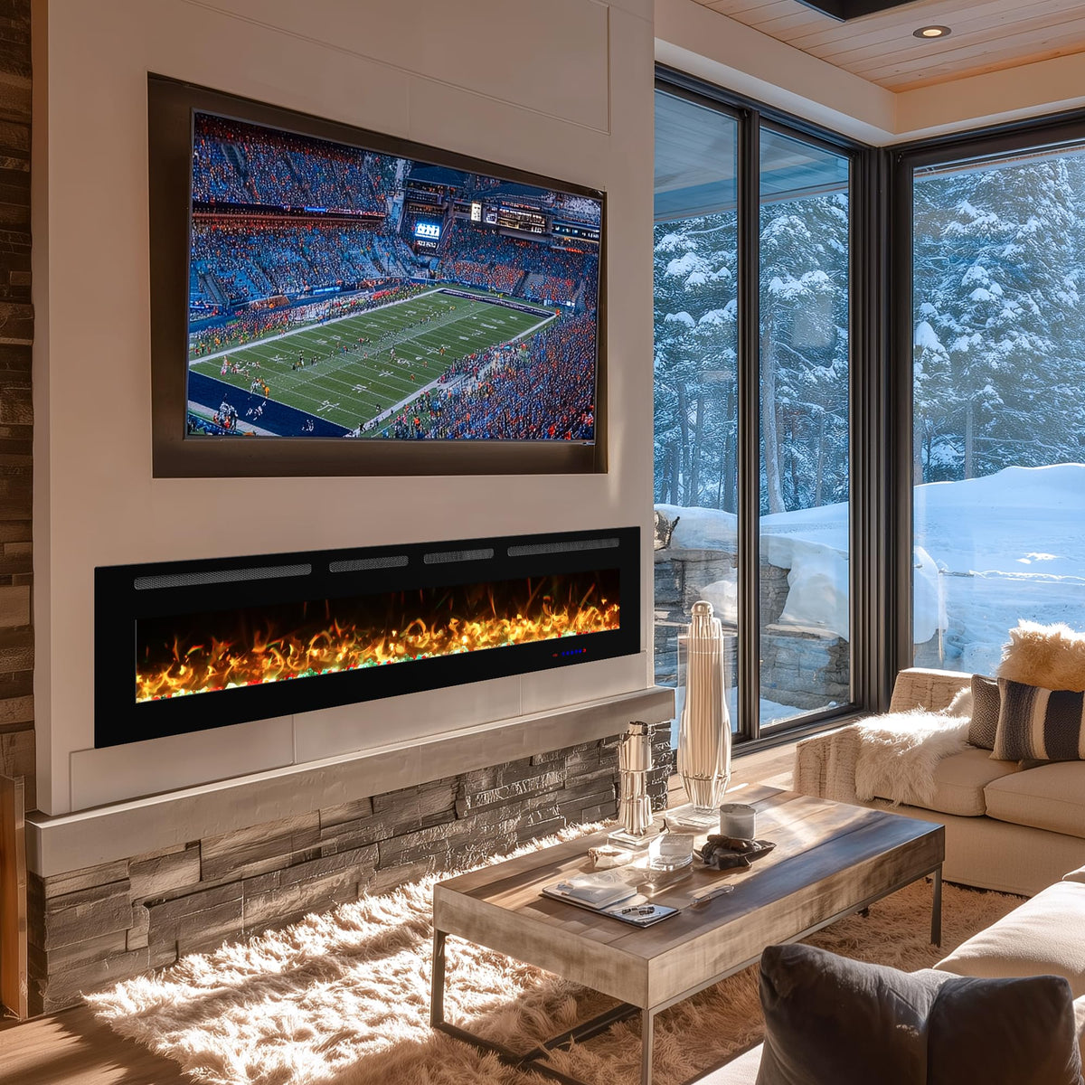Vinemount 72" Electric Fireplace Insert Ultra-Thin, Recessed & Wall Mounted, Fireplace Heater with Adjustable Flame & Fuel Bed Color, 5 Flame Speeds & Brightness, 750/1500W, Timer