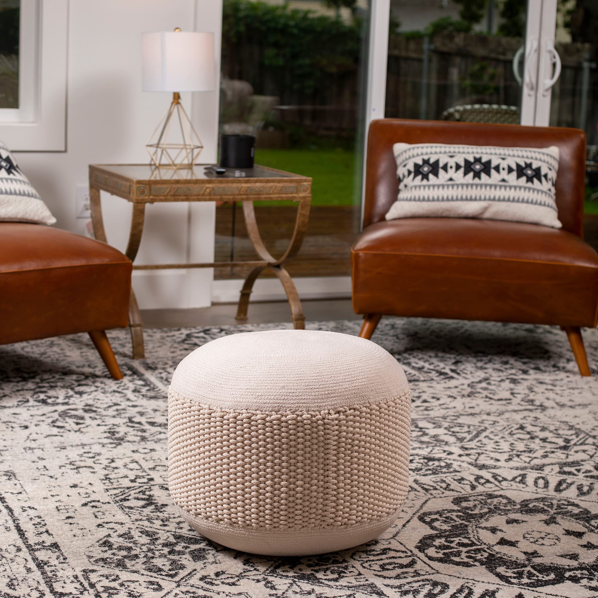 BIRDROCK HOME Outdoor Pouf Ottoman | Hand Woven Waterproof Foot Stool with Bead Bag Filling | Boho Foot Rest for Patio, Living Room, Porch & Outdoor Seating | Lightweight, Soft Stuffed Chair | Natural