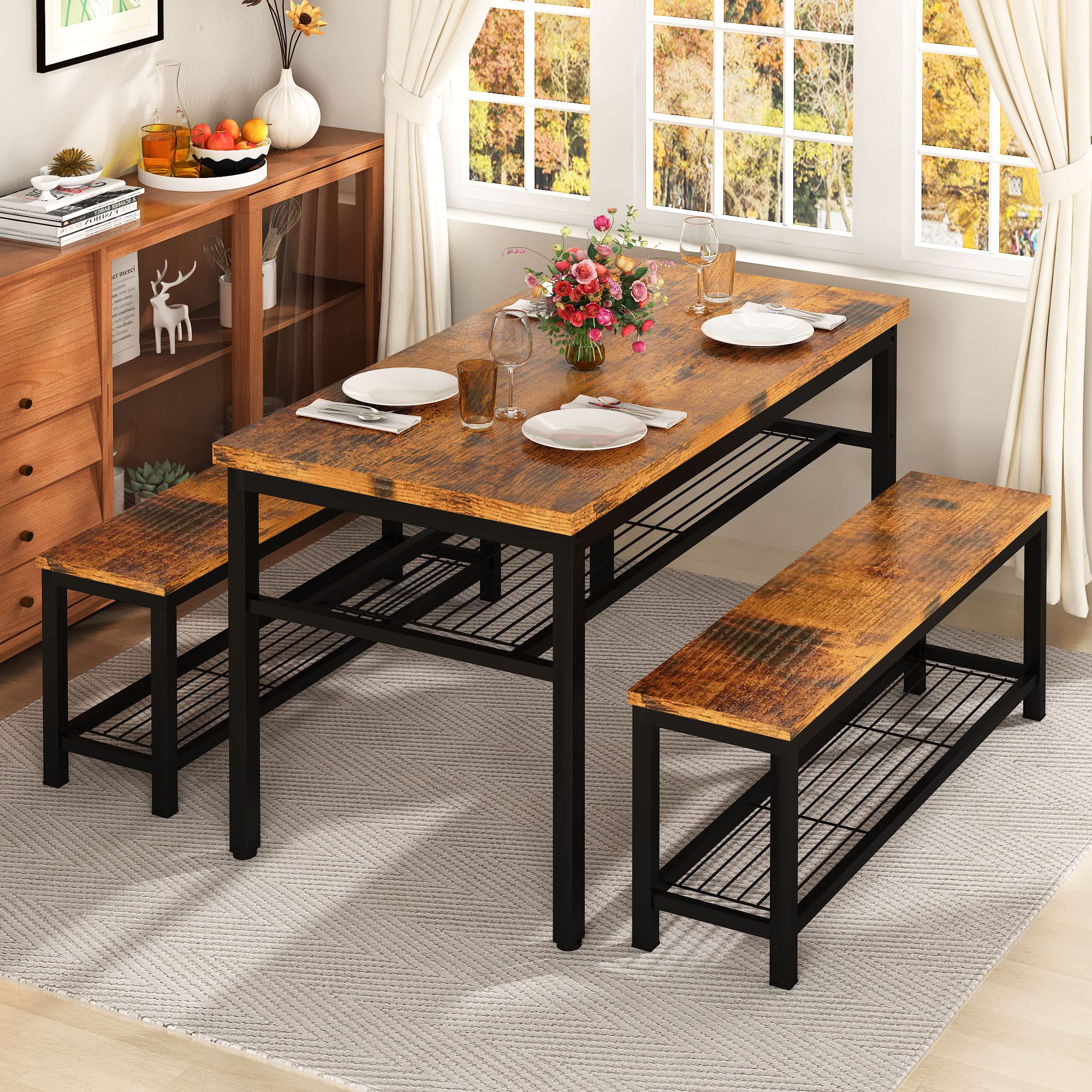 AWQM 43.3" Dining Table Set for 4, Kitchen Dining Table with 2 Benches, Dining Room Table Set with Metal Frame & Storage Rack for Kitchen, Restaurant, Rustic Brown