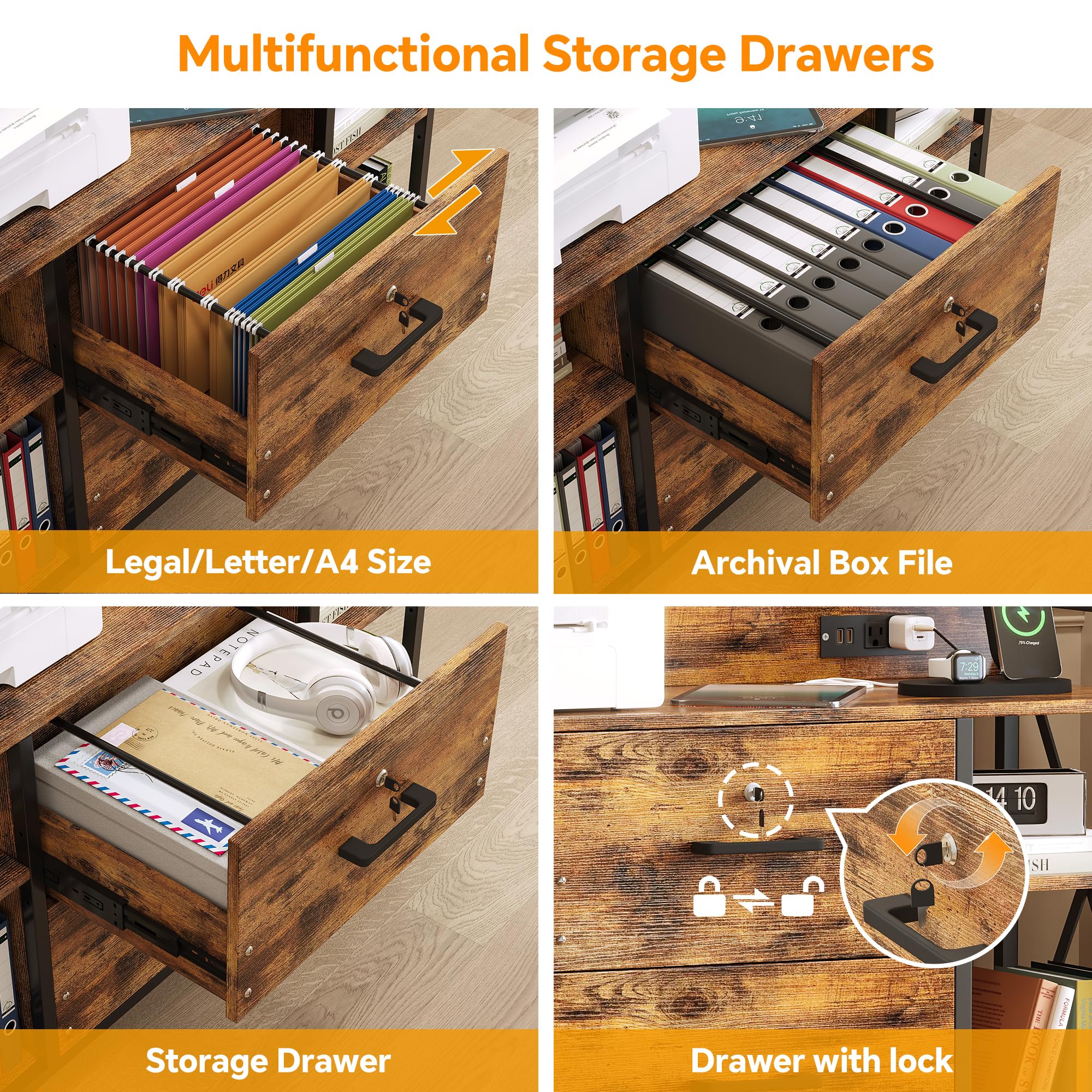 Rolling File Cabinet with Power Outlets & Locking Drawers