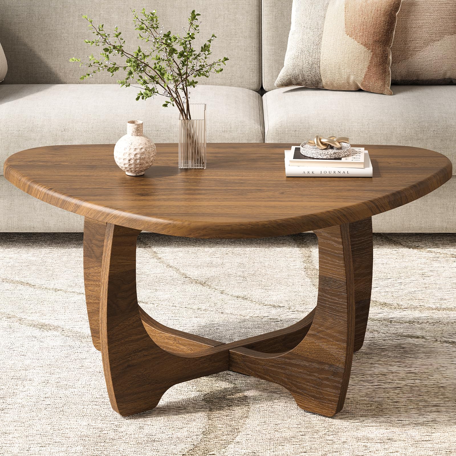 Round Wood Coffee Table with Triangle Frame