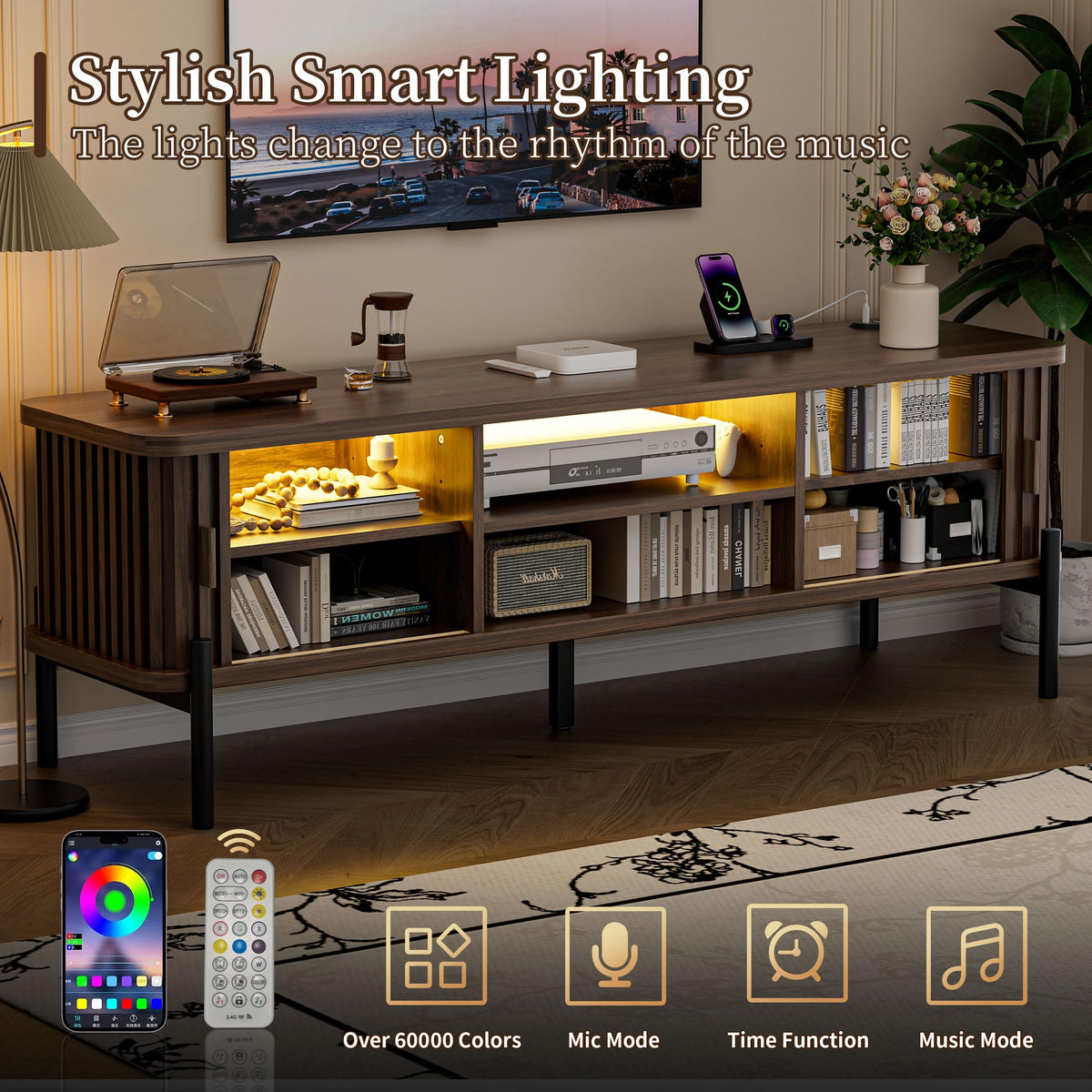 Mid Century TV Stand for TVs up to 80 Inches, Modern Fluted Entertainment Center with Sliding Tambour Doors, Smart LED Lights, Adjustable Shelves and Storage, TV Console for Living Room, Walnut
