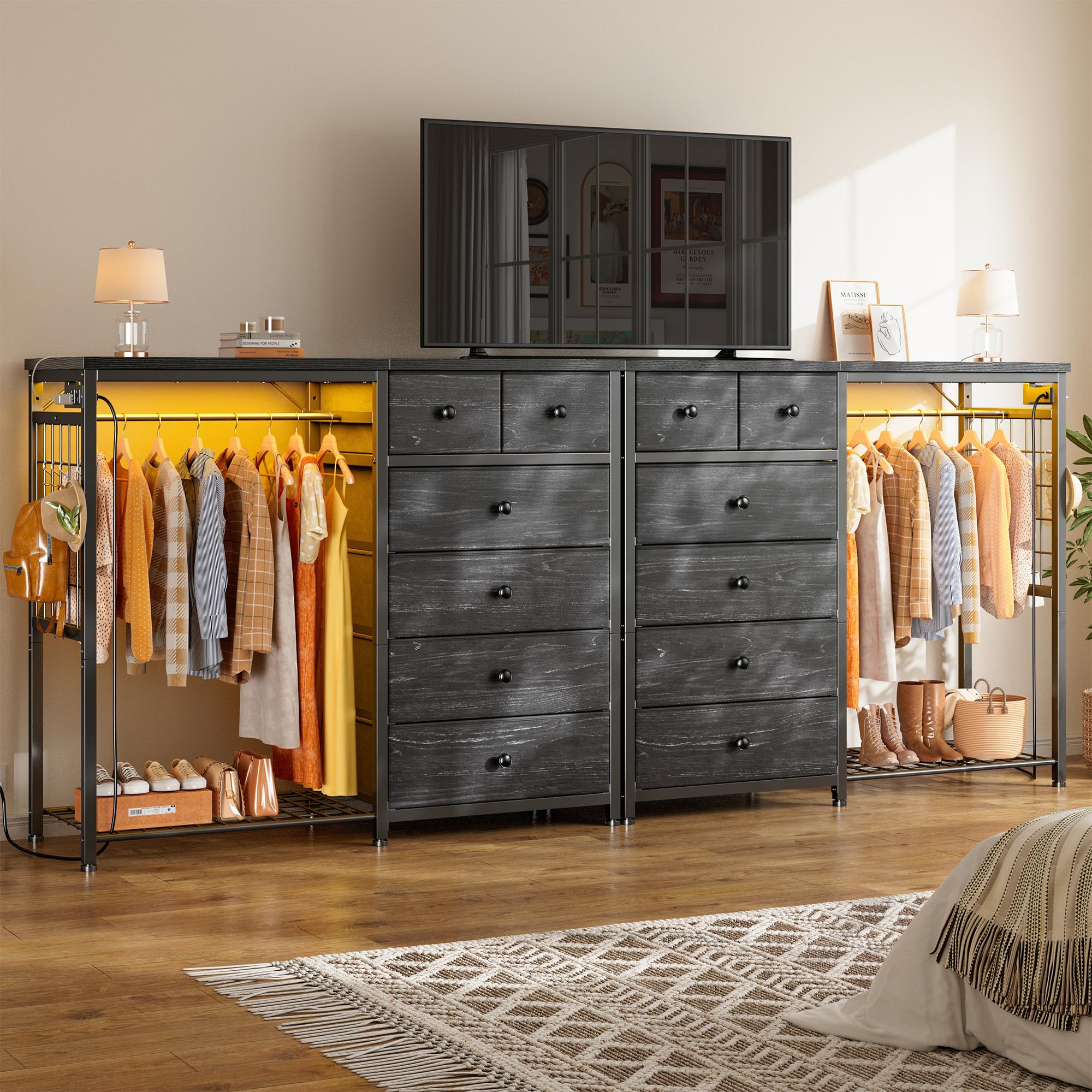 EnHomee 49.2" W Dresser for Bedroom with Hanging Rack 6 Drawers Dresser with LED Lights & Charging Station, Fabric Dressers & Chest of Drawers with 4 Hooks, Wooden Top, Grid Panel, Black