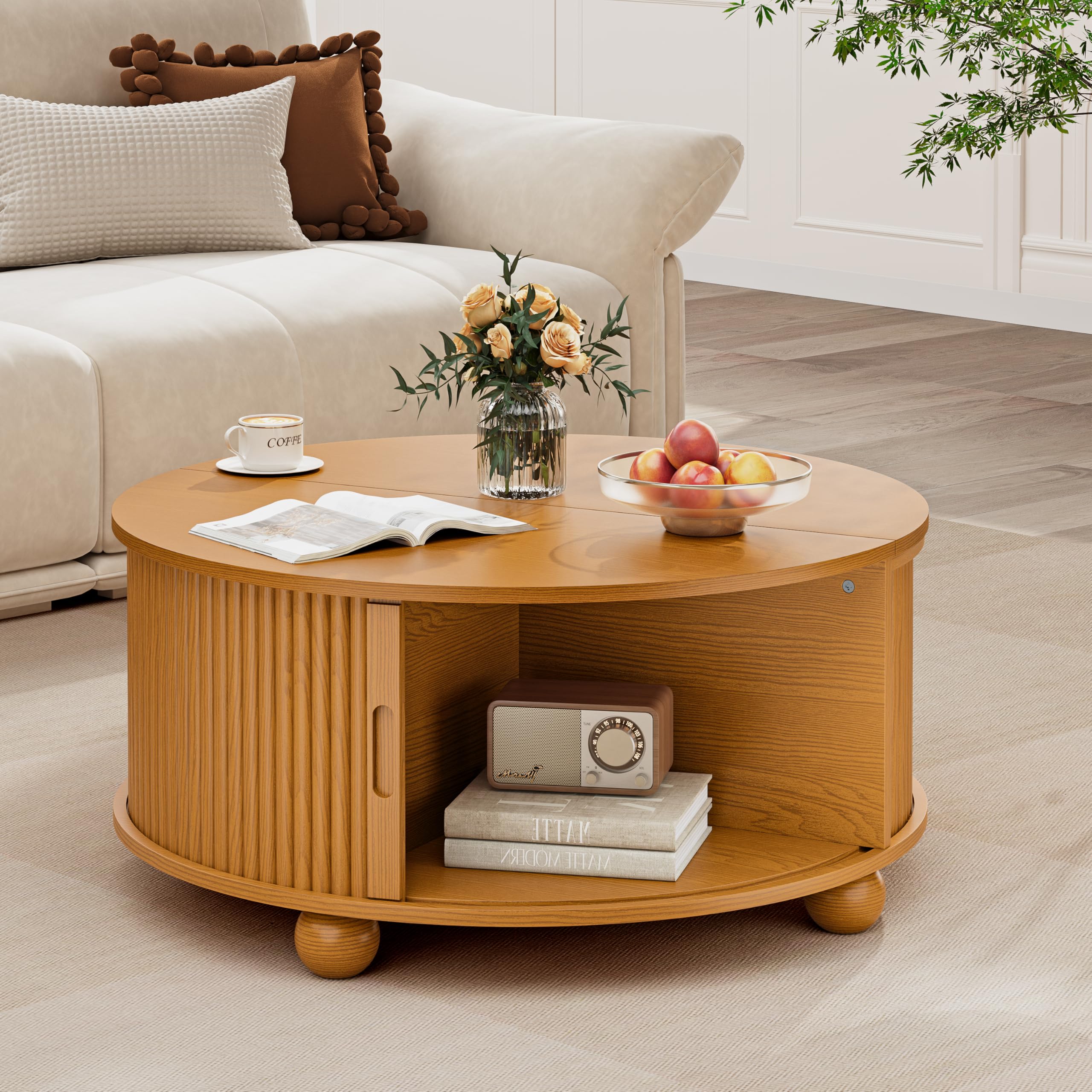 DHH Fluted Round Coffee Tables,31.5" Mid Century Modern Circle Drum Table with Storage, Accent Coffee Table with Sliding Cabinet Door for Living Room Small Space (Yellow Oak)