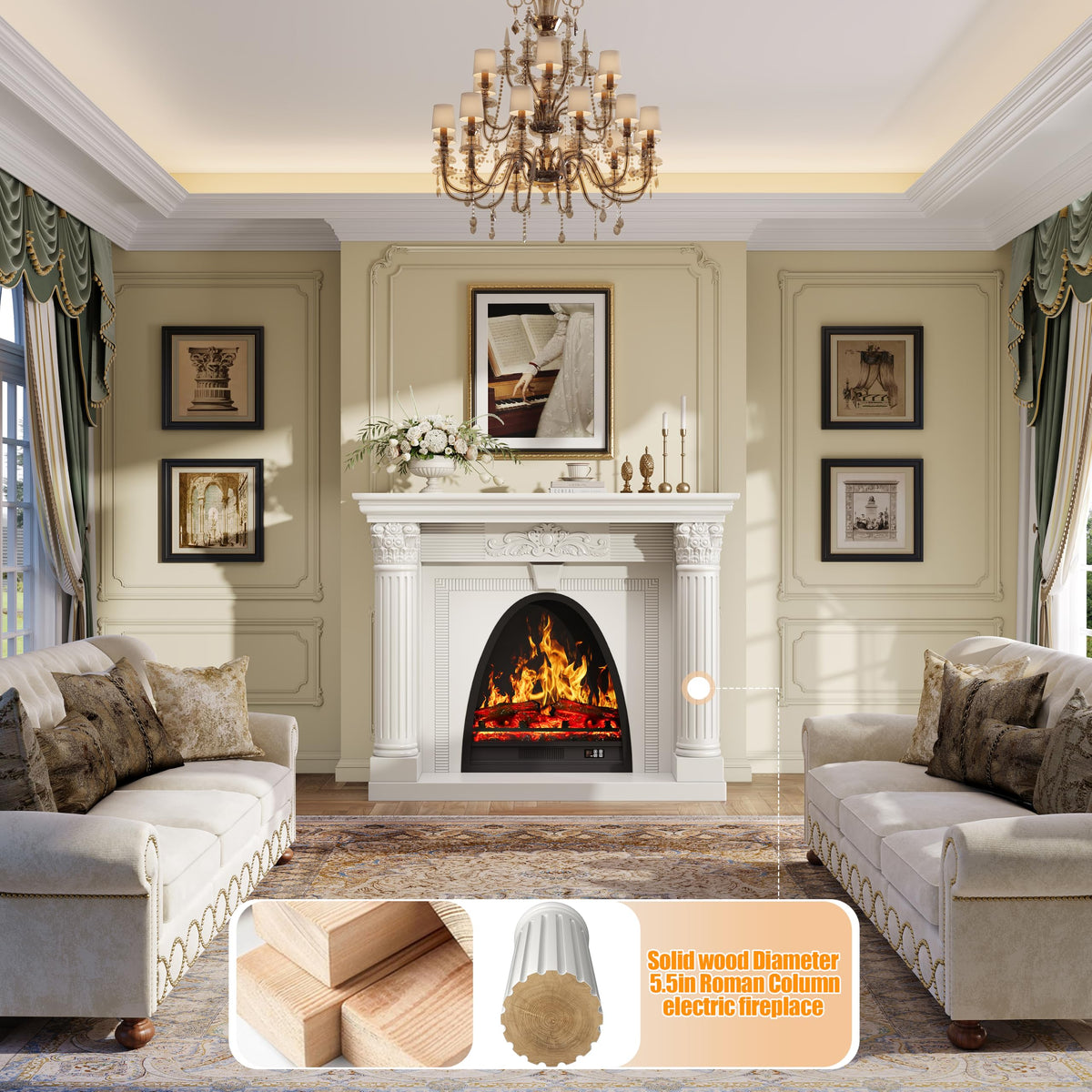 RECHHX 51.2” Solid Wood Electric Fireplace with Mantel, Fireplace TV Stand