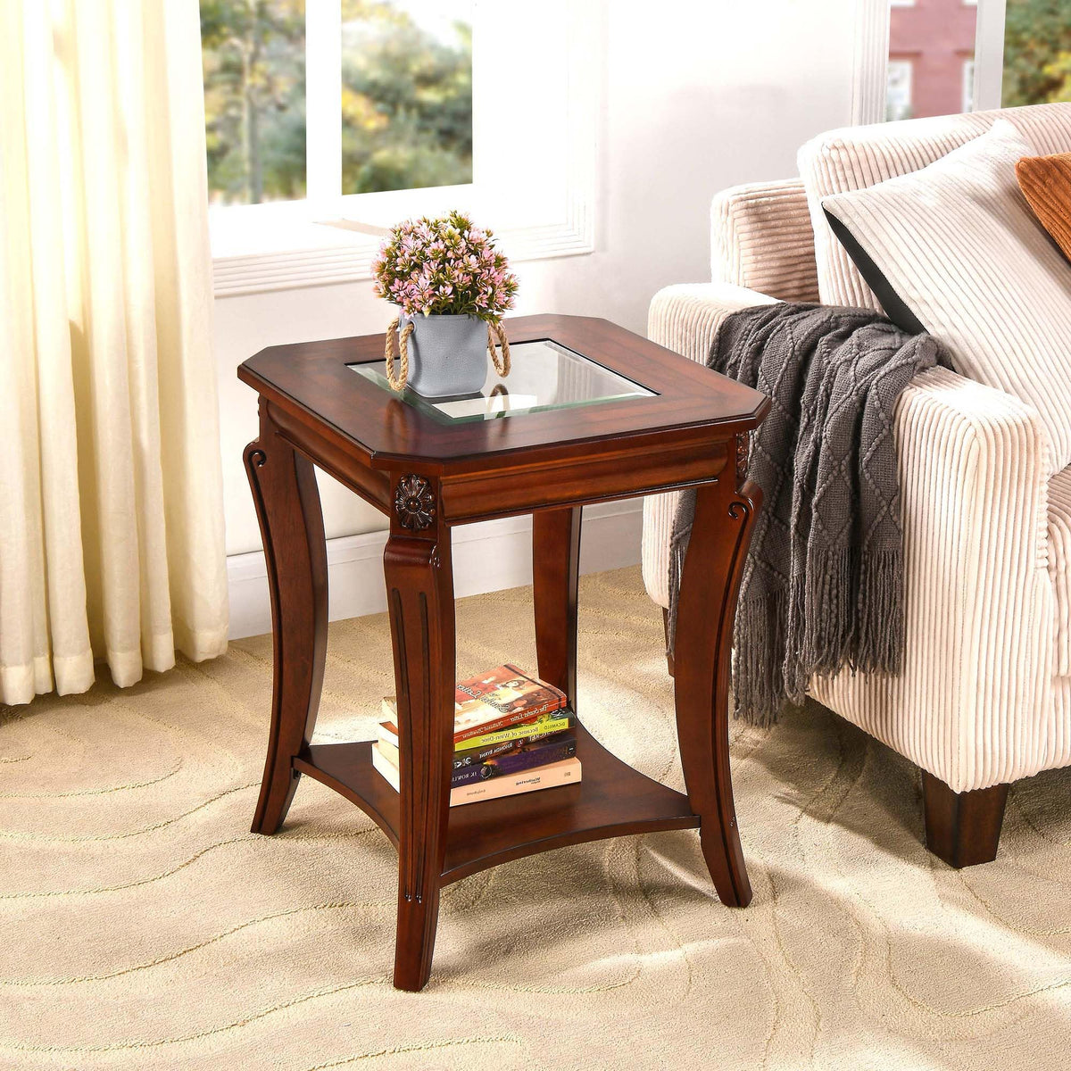 Living Room Tables Set of 3- One Coffee Table and Two End Table with Tempered Glass Top, Mid-century Sofa Beside Table and Center Table with Carved Legs, Easy Assembly Cherry Brown KFZ-CJZ-A1168-GT