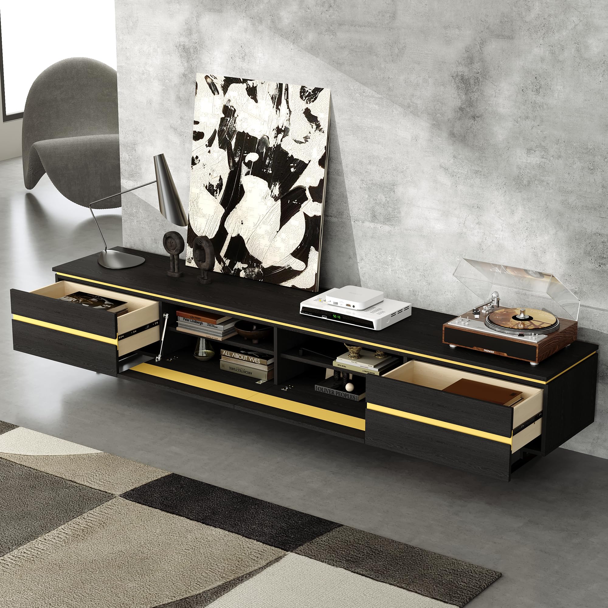 86.61" Modern Black TV Stand with Storage