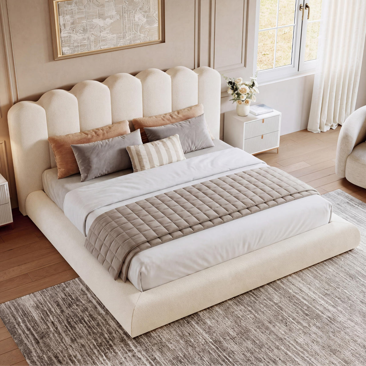 Glirun King Size Cloud Bed Frame with Wave Headboard, Upholstered Platform Bed with Velvet Finish, Sturdy Metal Slat Support, Noise-Free, No Box Spring Needed, Cream White