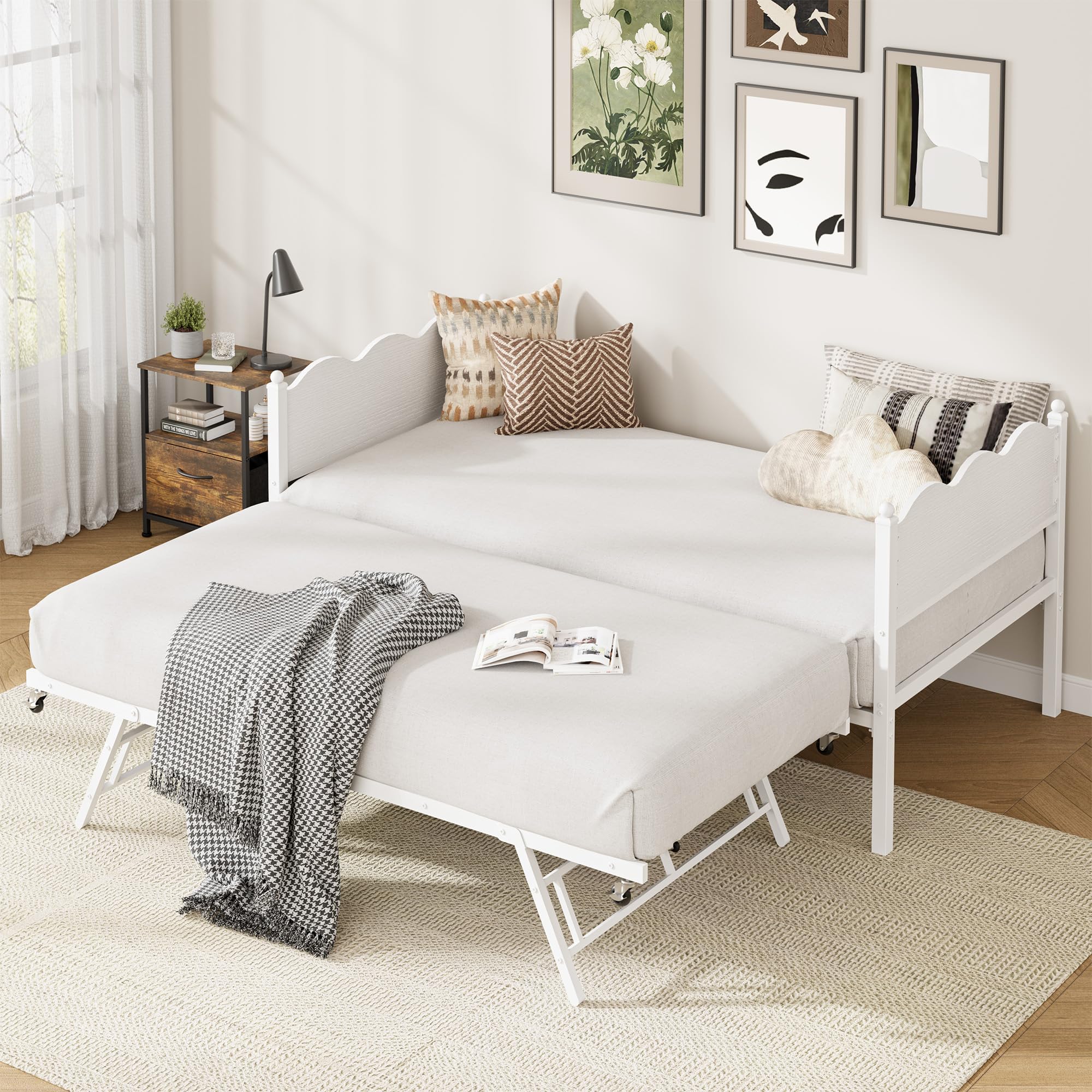 Garvee Twin Daybed with Trundle, Day Bed with Industrial Wood Grain Headboard, Steel Slats Support & Lockable Casters, Space-Saving & Multifunctional, Easy Assembly for Living Room, Bedroom, White