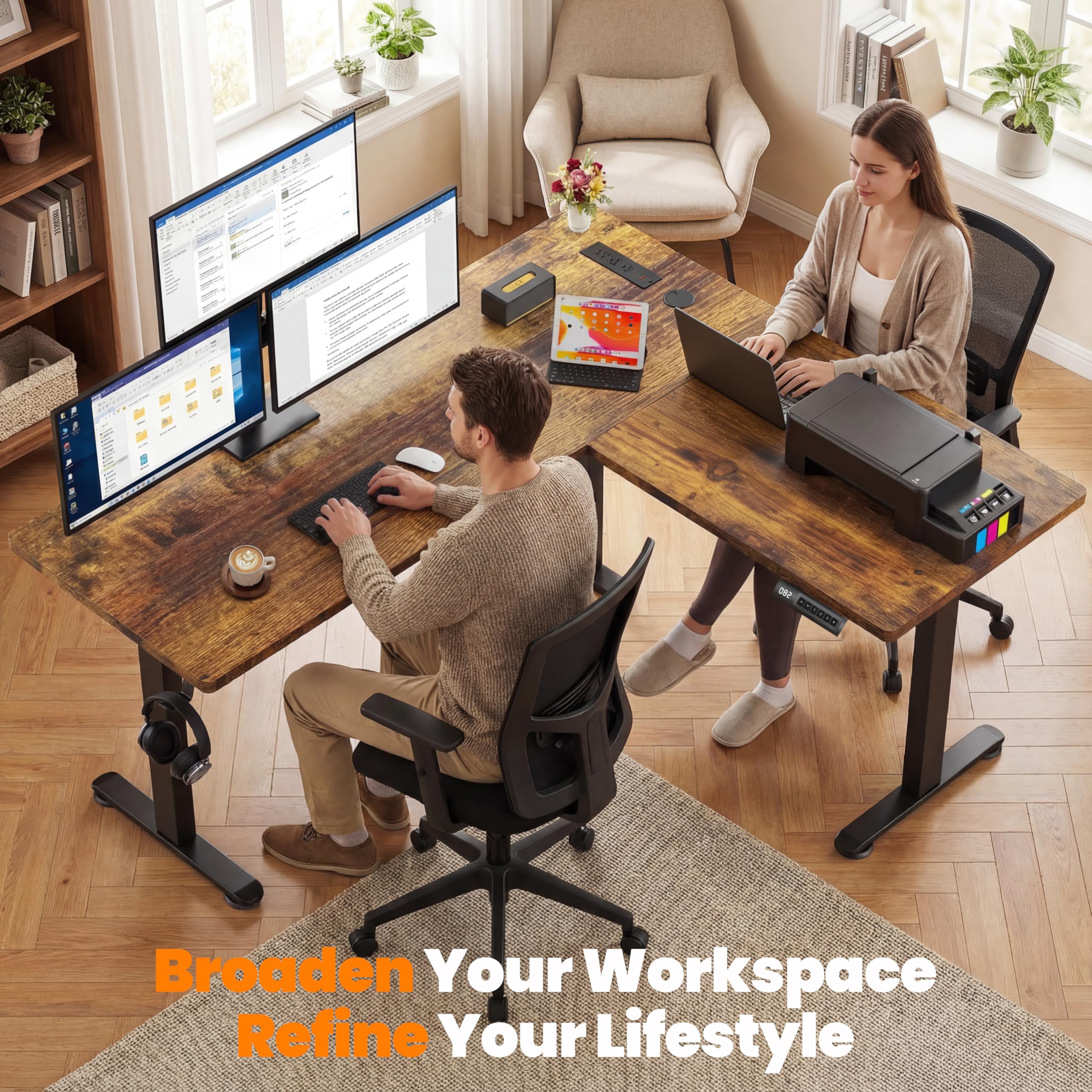 farexon 63x55 Inch L Shaped Standing Desk with Outlets, Electric Adjustable Height Stand Up Desk, Corner sit Stand Desk with Mouse Pad, Hook, Home Office Writing Gaming Computer Workstation,Brown
