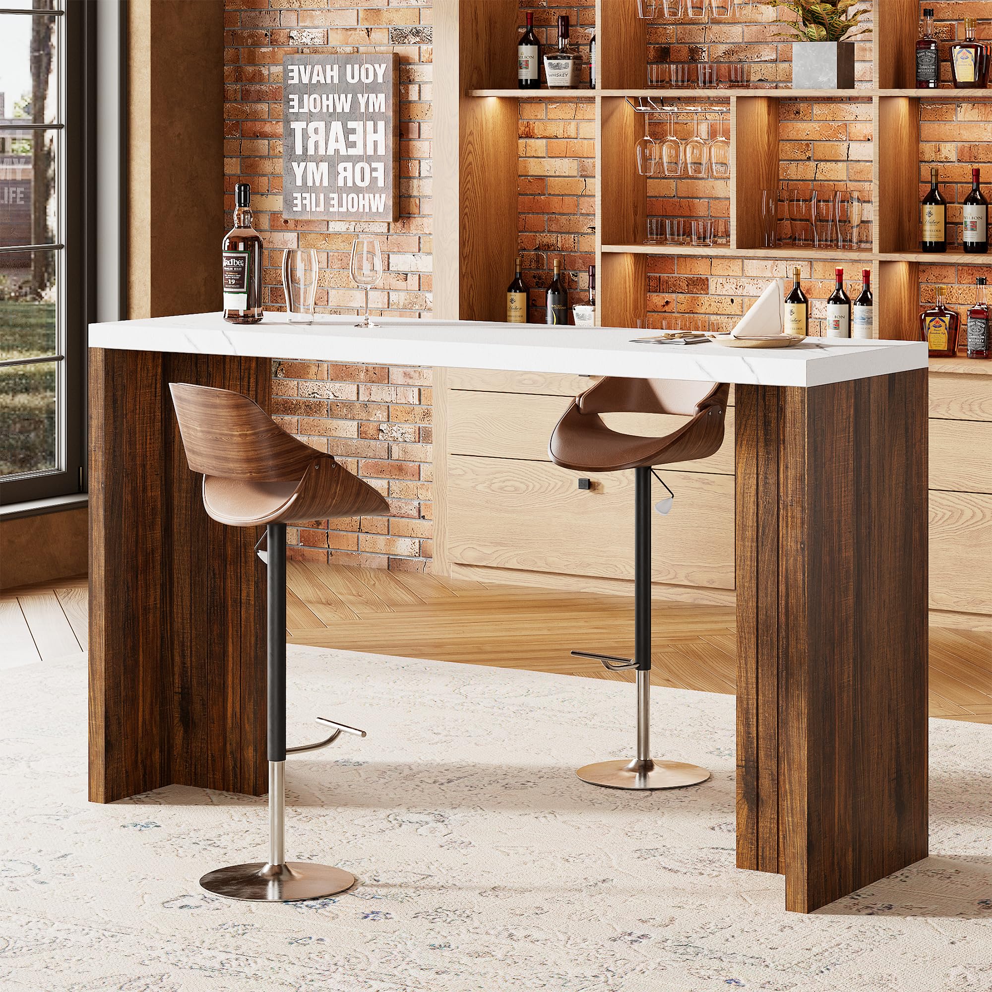 Bar Table for 4-6 People - 55” Long Counter Height Pub with Extra Thickened Tabletop, Modern Rectangular Home Bar Coffee Unit for Kitchen, Dining Room, Balcony, Living Room, Basement, White+Walnut
