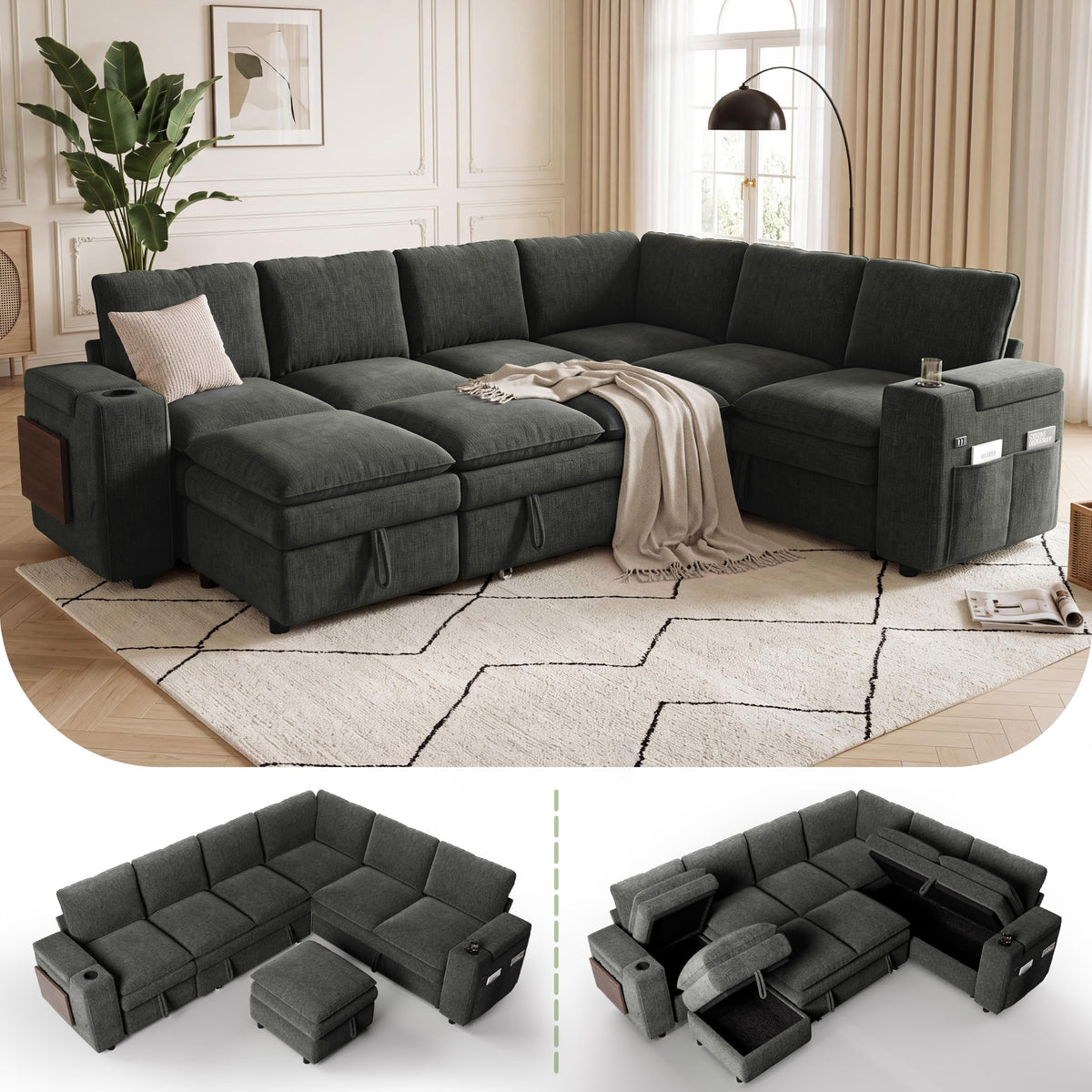 Vipbear Modular Sectional Cloud Sofa with Pull Out Bed,Sleeper Couch,Gray