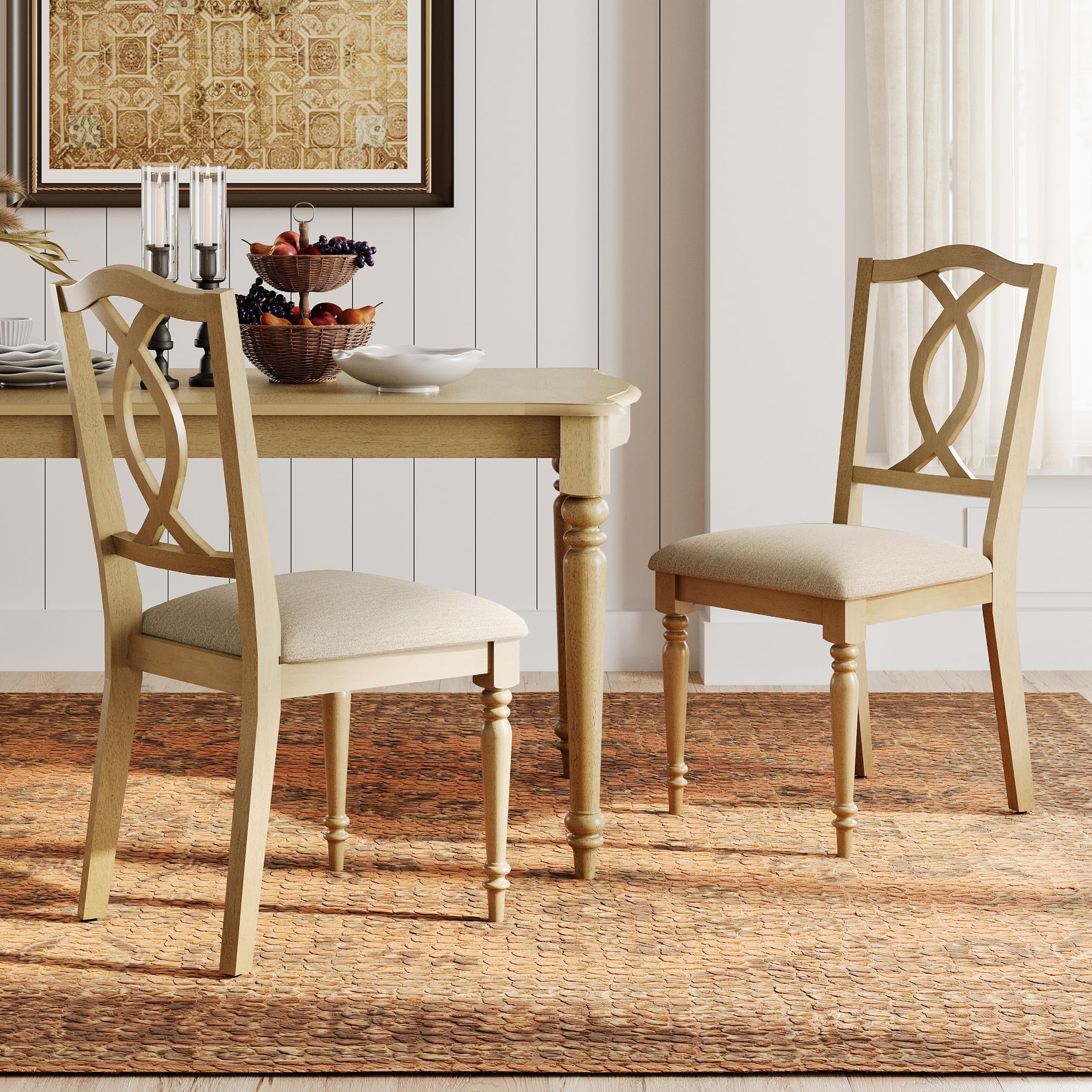 WAMPAT Dining Chairs Set of 2 Upholstered Chairs, Wood Dining Chair with Cross-Back & Rubber Wood Gourd-Shaped Leg, Farmhouse Kitchen Chair for Dining Room, Living Room, Oak