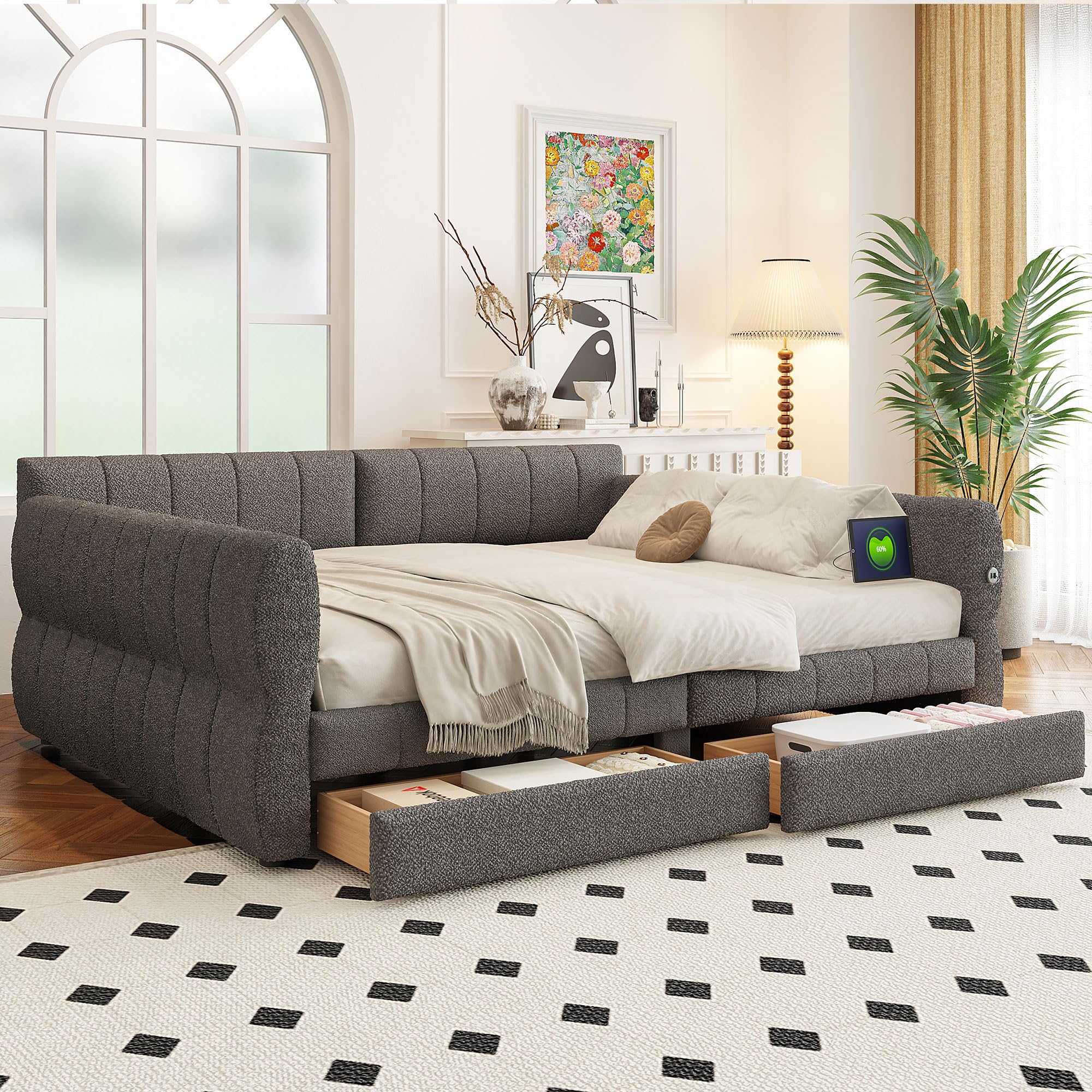 GDFStudio Queen Size Upholstered Platform Bed Frame with USB Ports & 2 Storage Drawers, Modern Sherpa Fabric Daybed Frame with Armrests, and Wooden Slats, No Box Spring Required, Gray