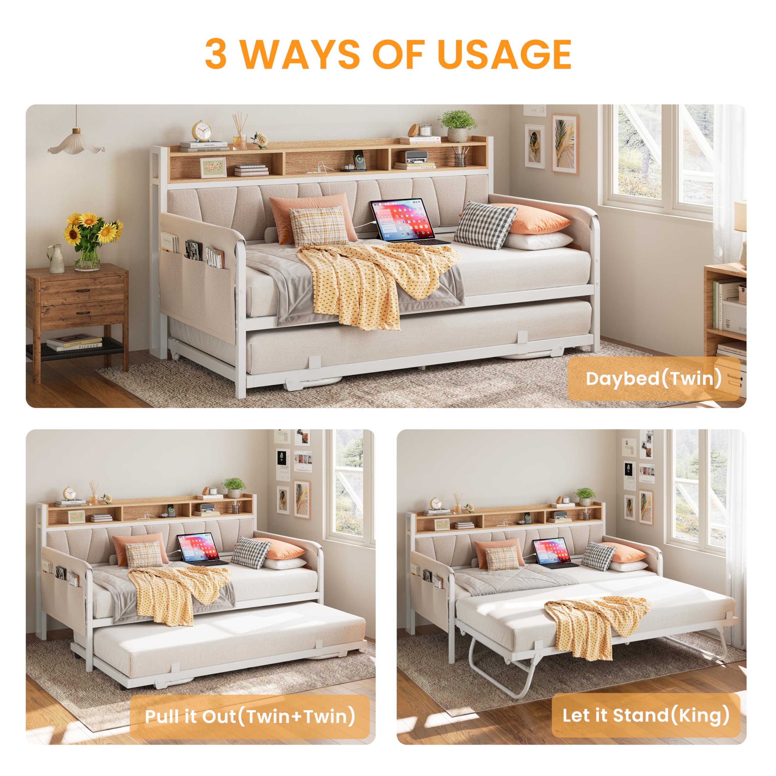 Twin Daybed with Trundle & Storage Headboard
