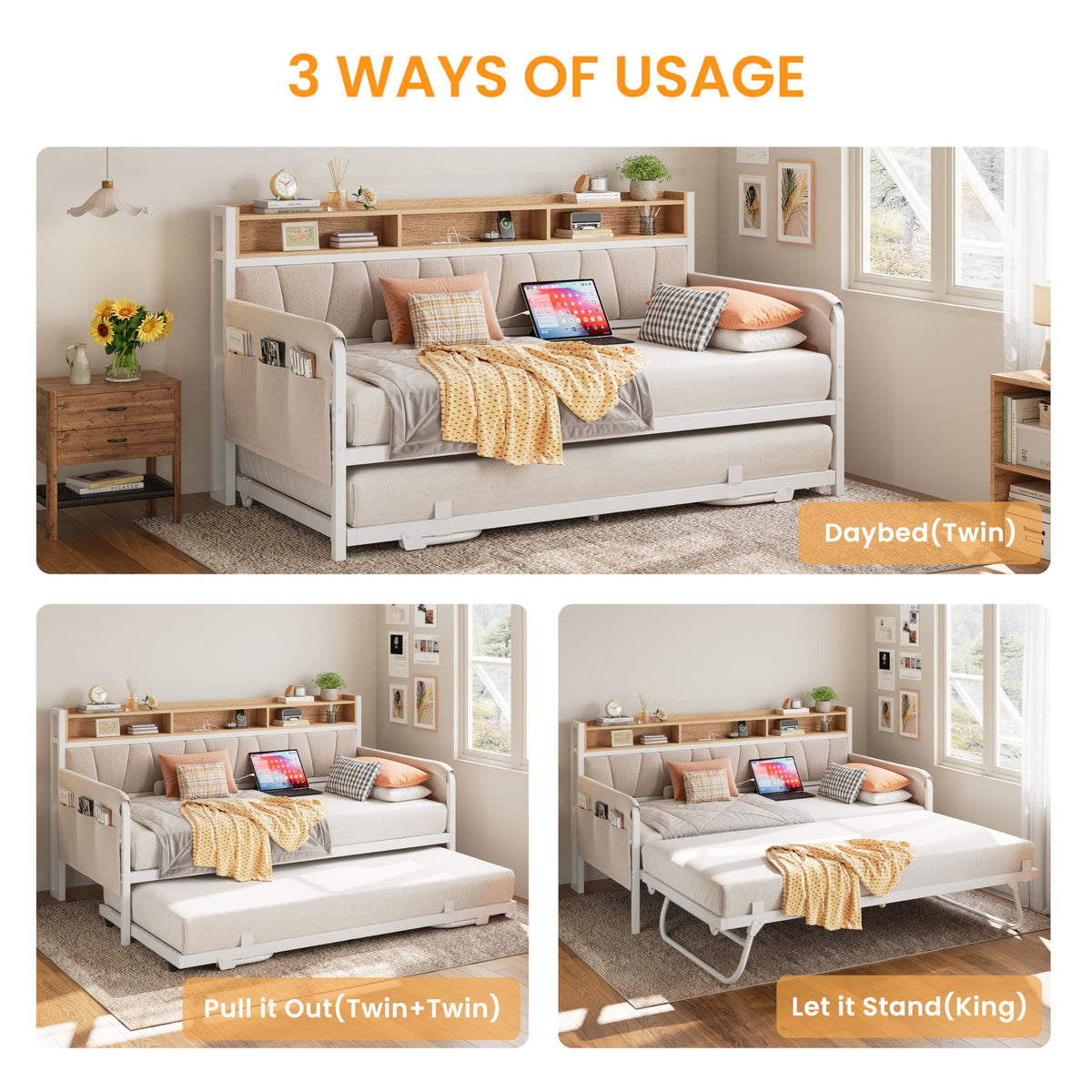 LIKIMIO Daybed with Trundle, Storage Headboard and Charging Station, White