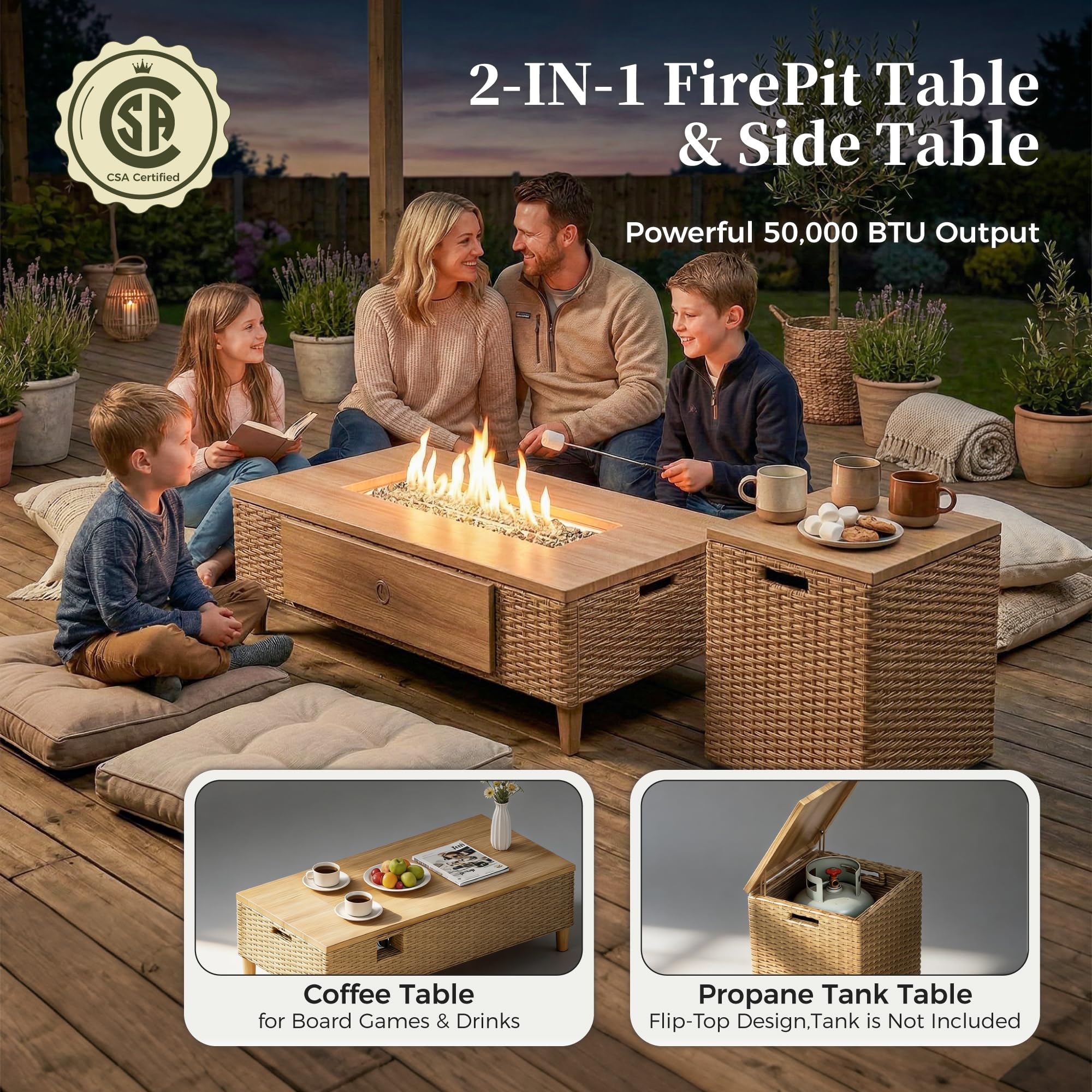 Modular Sectional Outdoor Sofa Set with Fire Pit Table & Waterproof Cushions