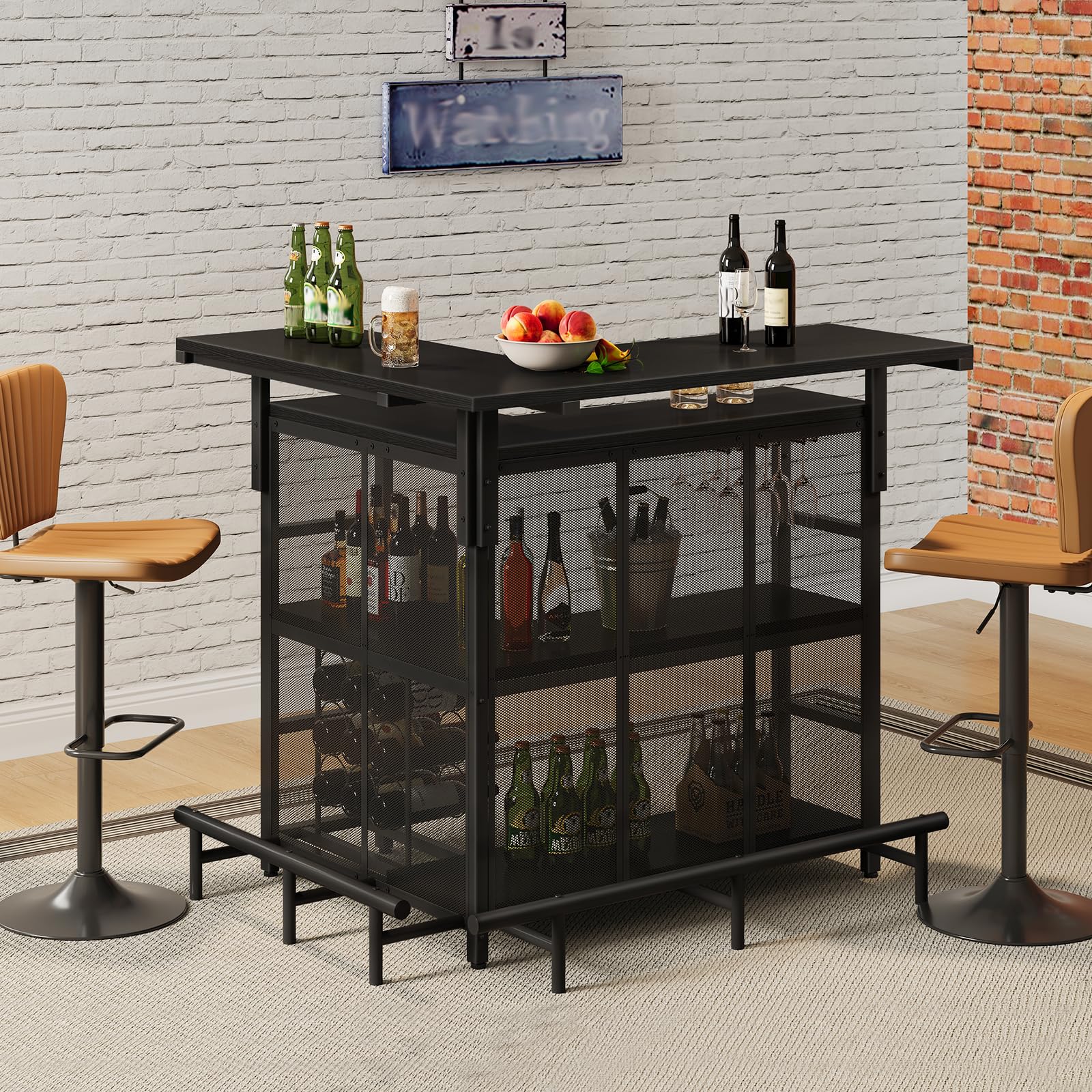 HOOBRO Home Bar Unit, L-Shaped Bar Table with Glasses Holder, and 4-Tier Shelves, Corner Mini Coffee Liquor Cabinet with Footrest,with LED Light APP Control for Home, Kitchen, Pub, Black BK129DBT01