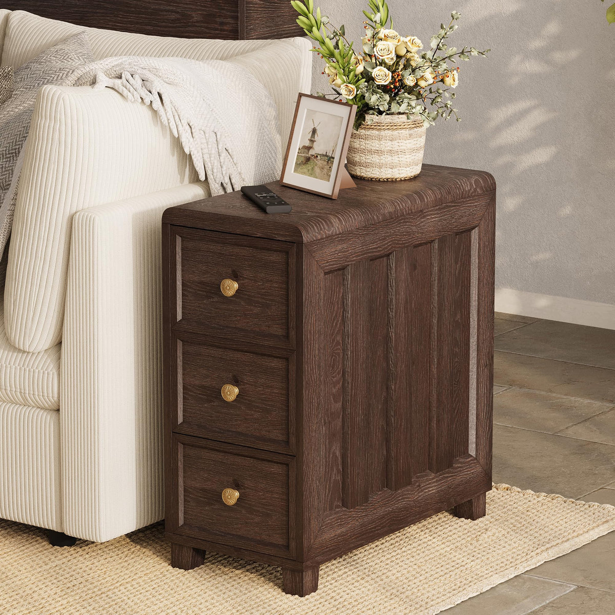 LINSY HOME Solid Wood End Table, 3-Drawer Rustic Nightstand, Dark Brown