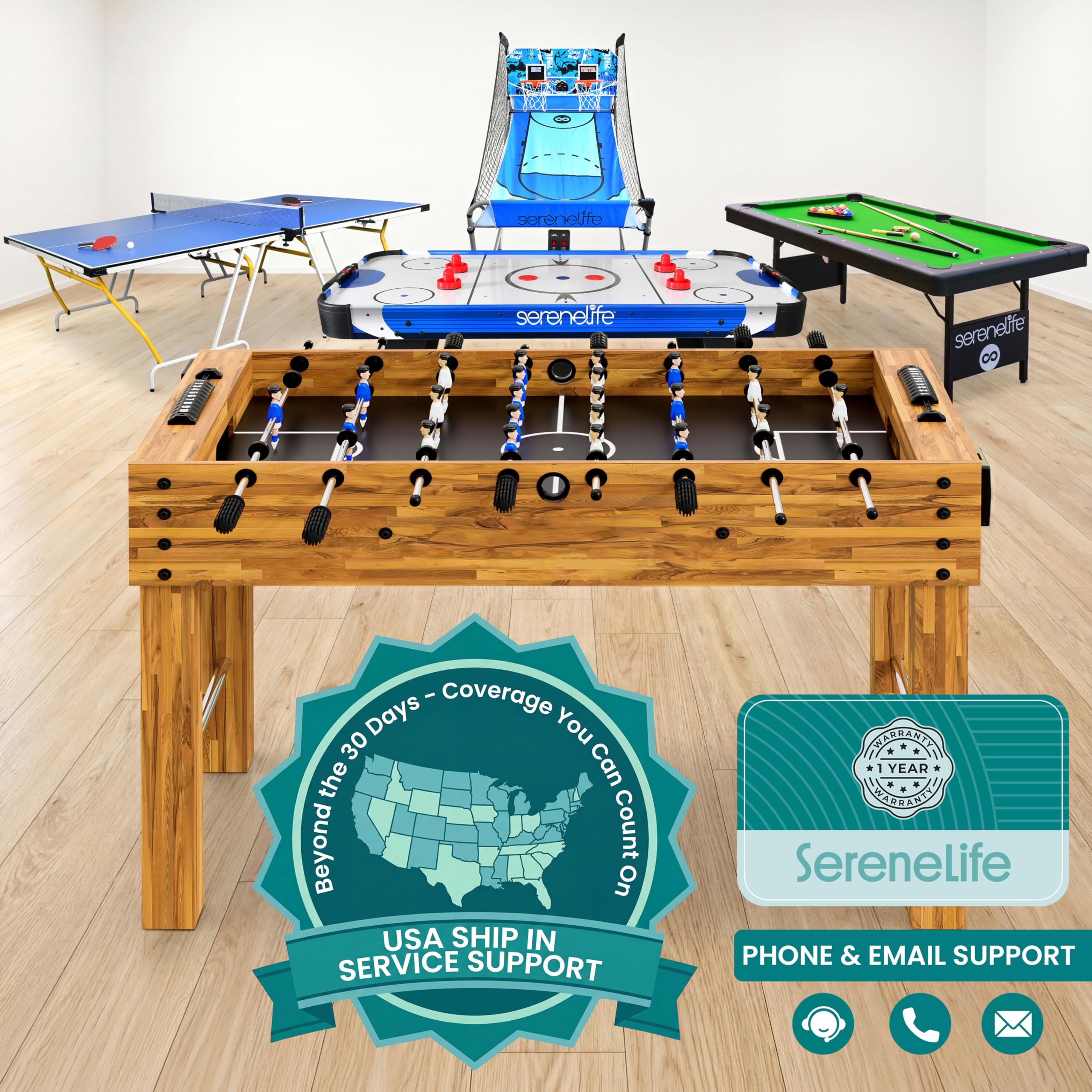 SereneLife 48in Foosball Table, Competition Size Soccer Game Table for Kids and Adults, Home Game Room Arcade Set, Leveling Legs, Engineered Wood, Chrome Steel Rods, 2 Balls, 2 Cup Holders, Natural