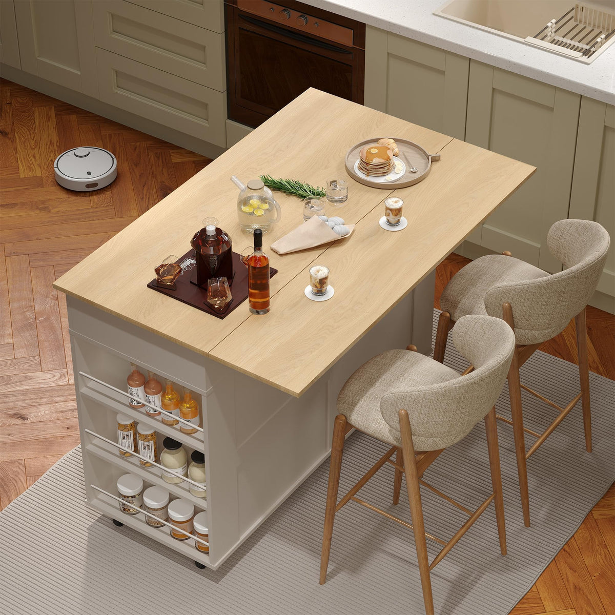 GarveeHome Rolling Kitchen Island with Drop Leaf Countertop, Charging Station & Ample Storage - 47.2 in Mobile Kitchen Cart On Wheels with Pull-Out Shelves, Drawers, Spice Rack & Organizer Divider