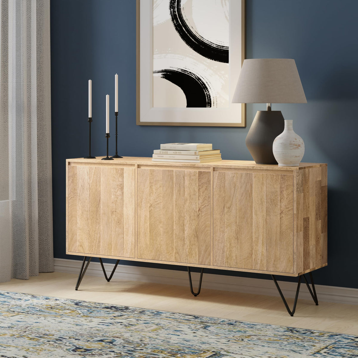 SIMPLIHOME Hunter 60" Wide Solid Mango Wood 3-Door Buffet in Natural
