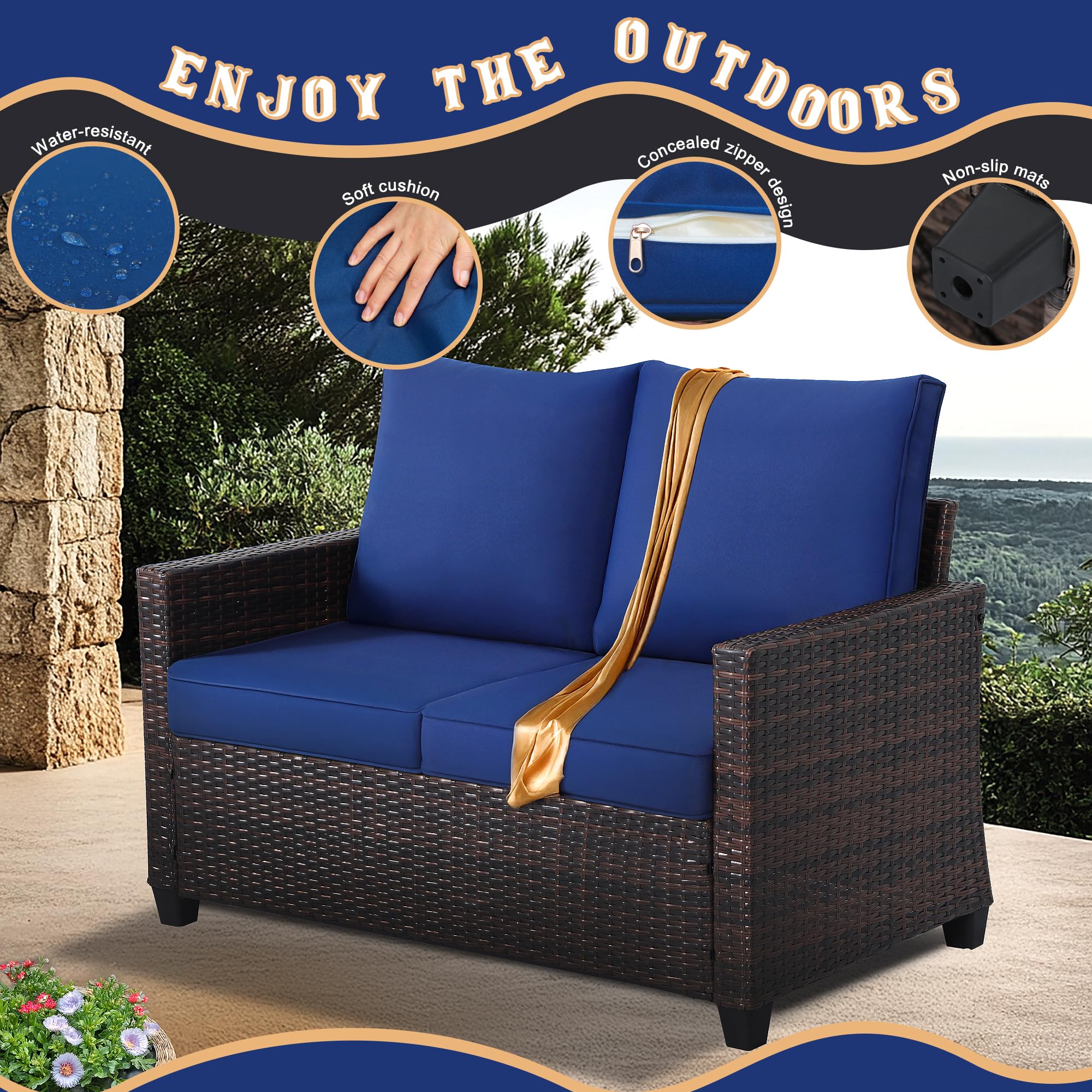 Outdoor Rattan Loveseat with Deep Seat Cushions